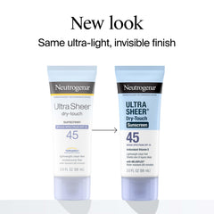 Neutrogena Ultra Sheer SPF 45 tube back label with ingredients and finish