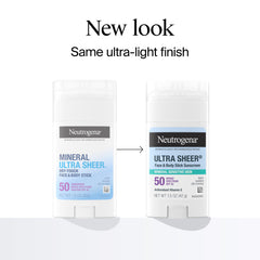 Neutrogena Ultra Sheer Mineral Sunscreen Stick for body use, SPF 50 protection.