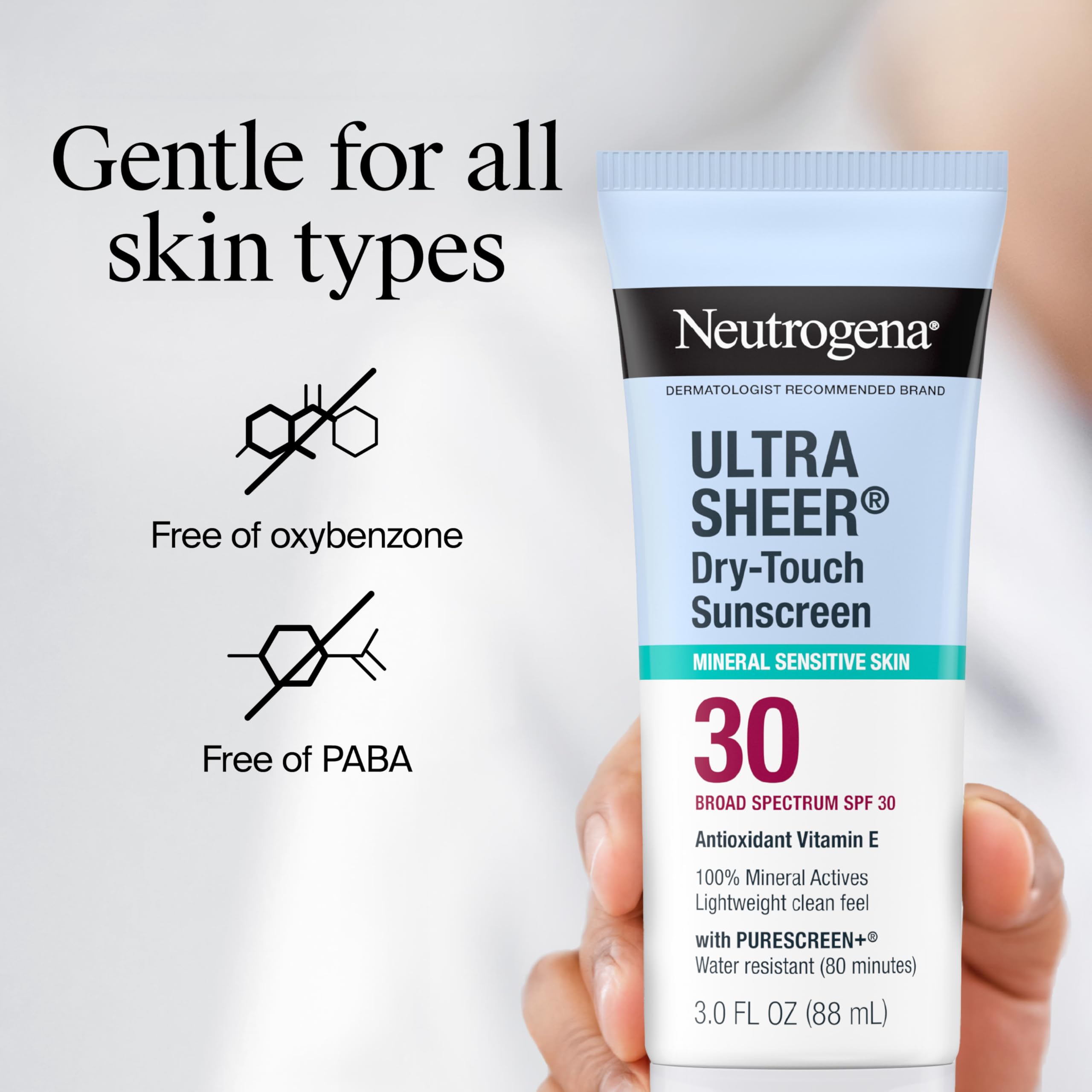 Water-resistant Neutrogena mineral sunscreen up to 80 minutes