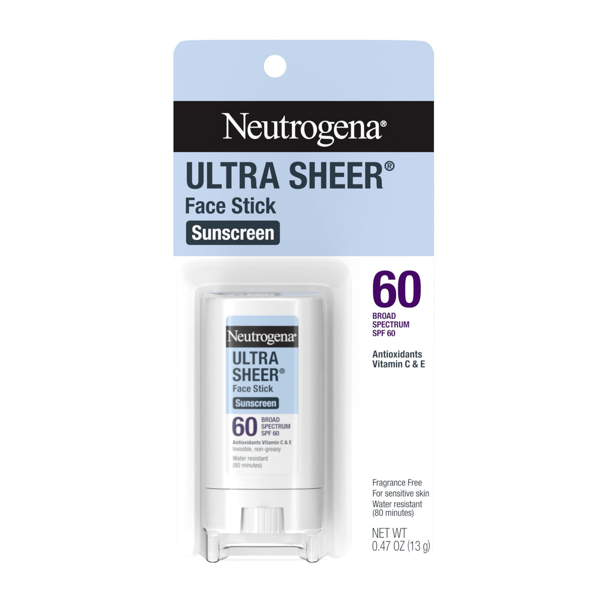 Neutrogena Ultra Sheer Face Stick SPF 60 with invisible finish for quick protection.