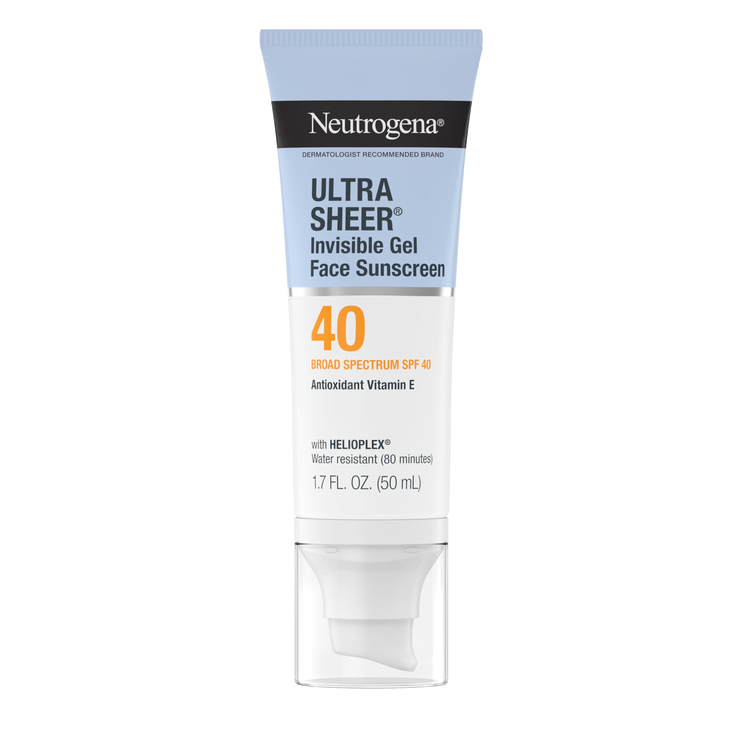 Neutrogena Ultra Sheer SPF 40 invisible gel applied for a clear makeup-ready base.