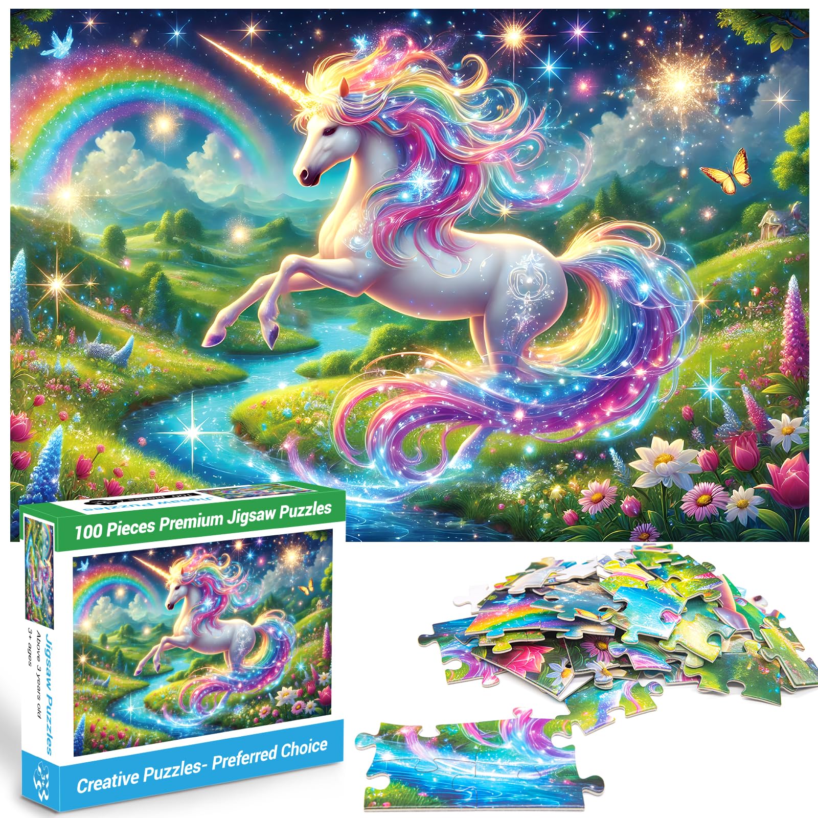 NeveSono rainbow unicorn puzzle box with 100 pieces for ages 4-8, ideal for learning through play