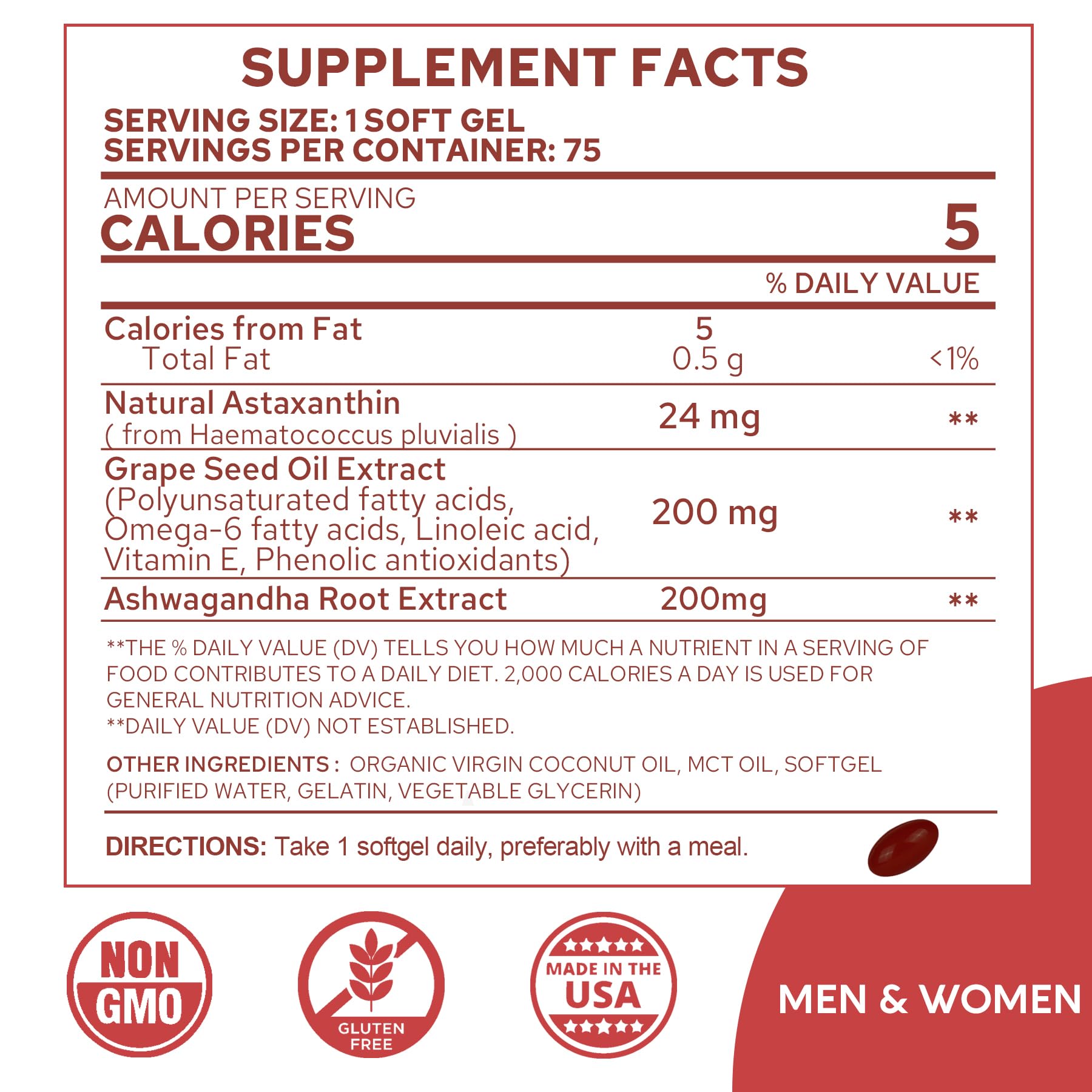 Close-up of NEVISS 24mg astaxanthin softgels highlighting potency