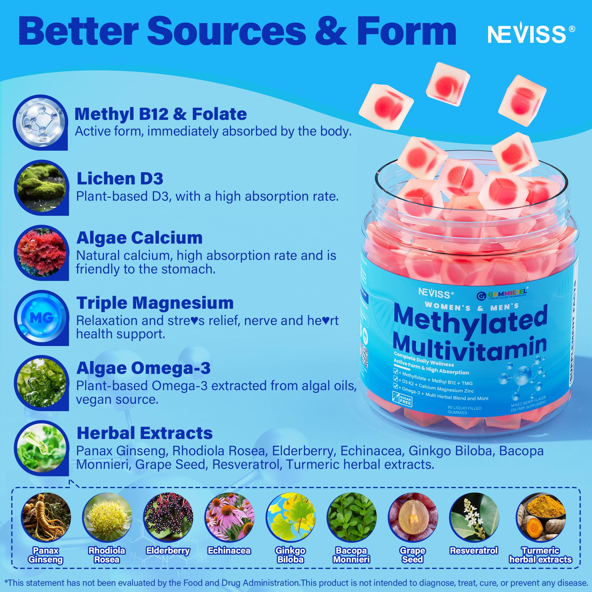 NEVISS algae-based omega-3 visual indicating vegan source and balanced nutrition