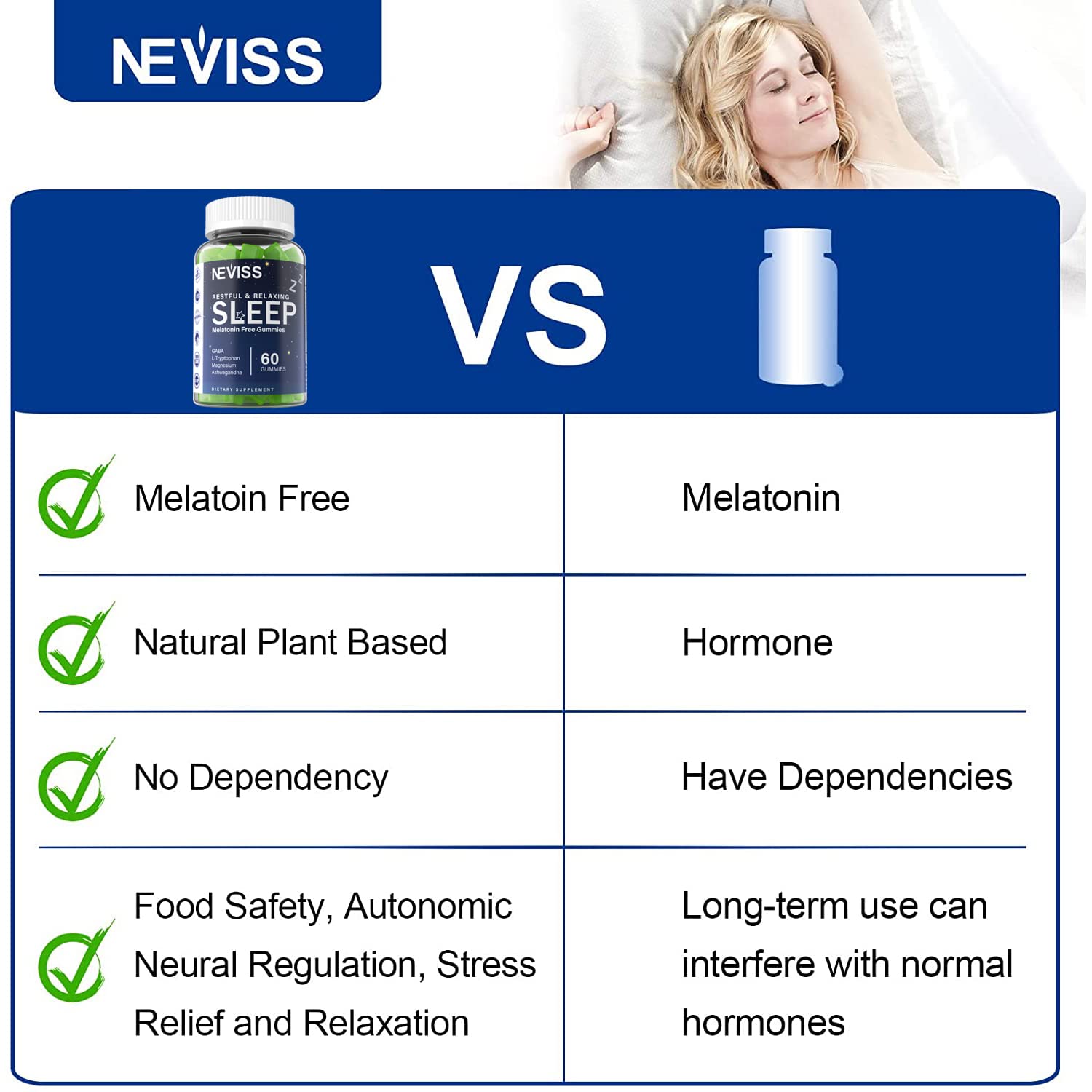 NEVISS vegan gummy formula with ashwagandha and herbs in a transparent jar.