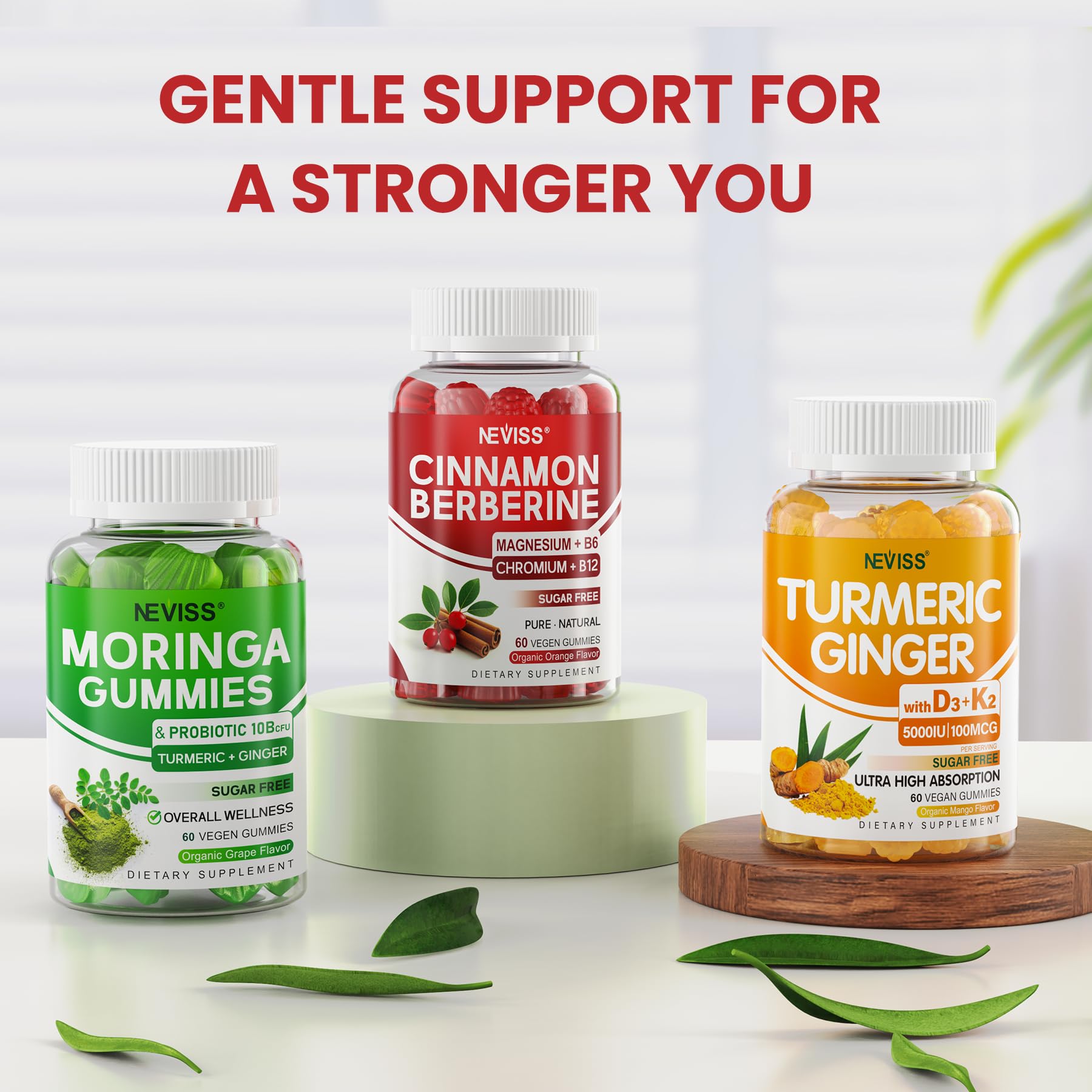 NEVISS daily-use scene with gummies promotes easy incorporation into routines.