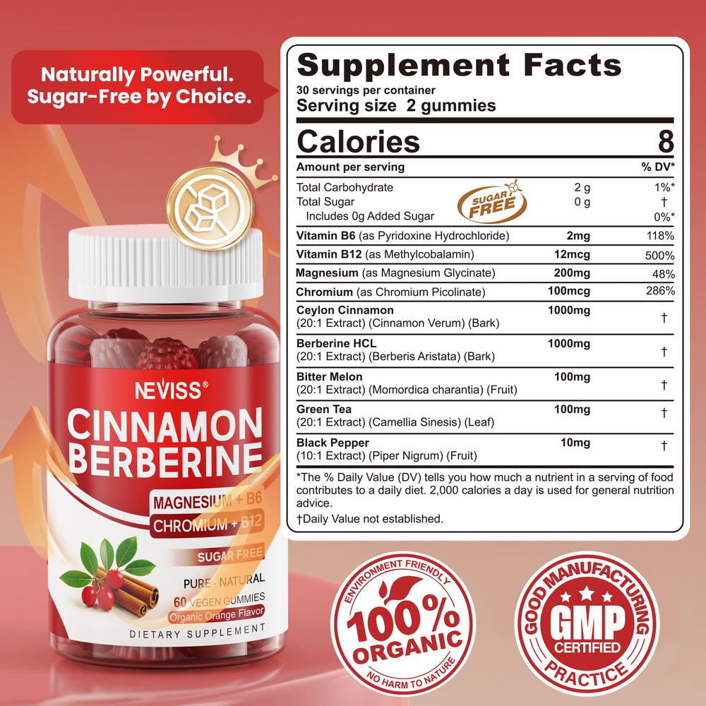 NEVISS gummy label highlights organic cinnamon and berberine blend for a natural routine.