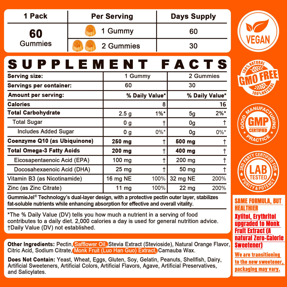 NEVISS CoQ10 gummies with orange flavor and Omega-3 for daily energy