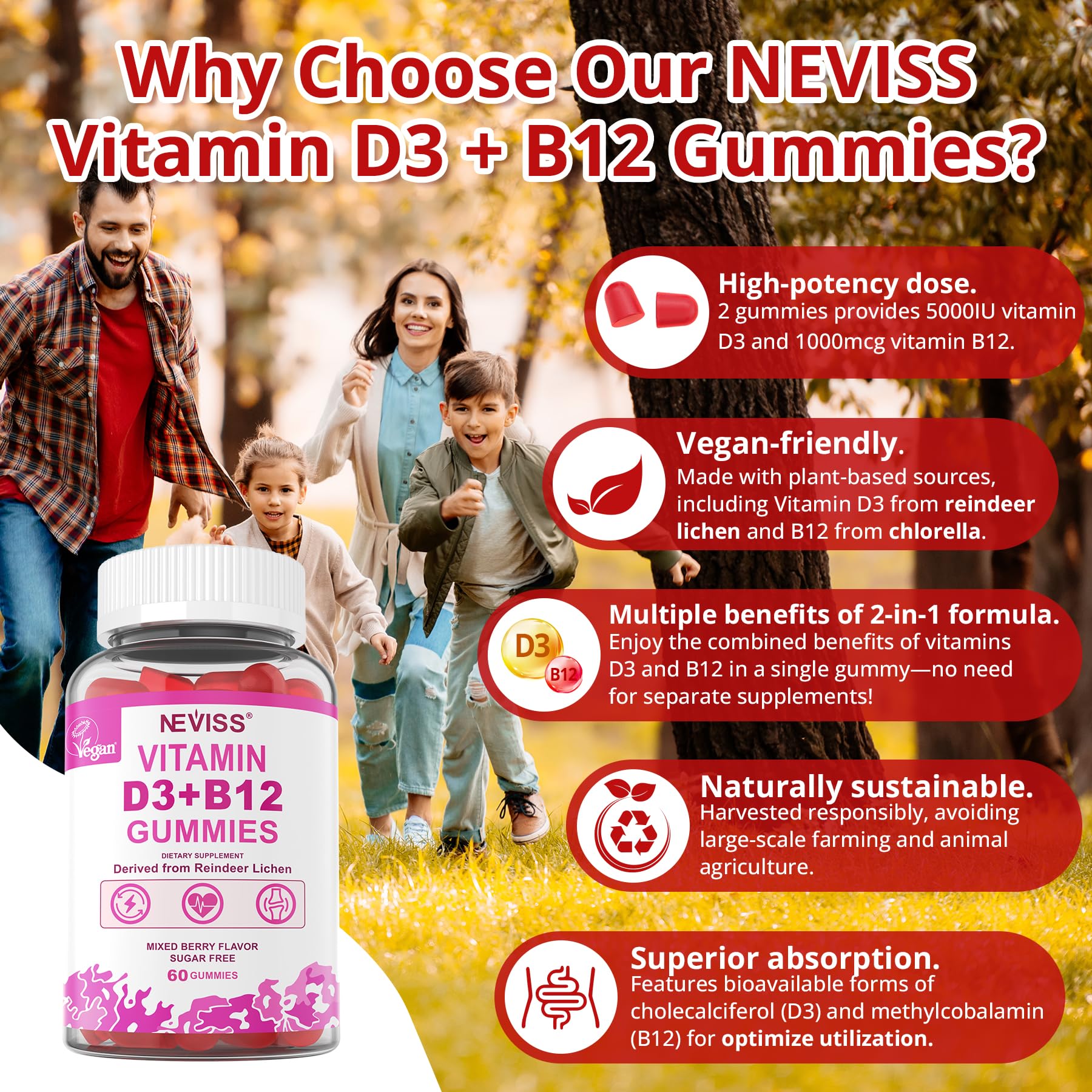 NEVISS D3 B12 gummies pack-shot shows two bottles for a 2-pack supply of vitamins.