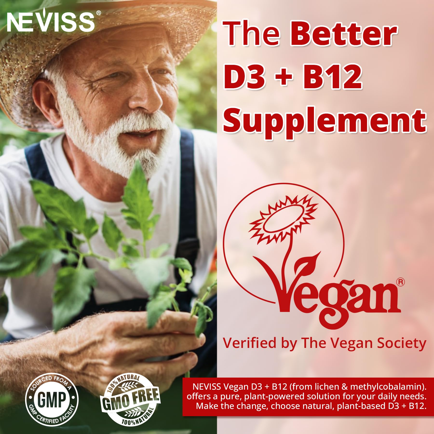 NEVISS D3 B12 gummies ingredients-plant-based highlights vegan D3 from lichen.