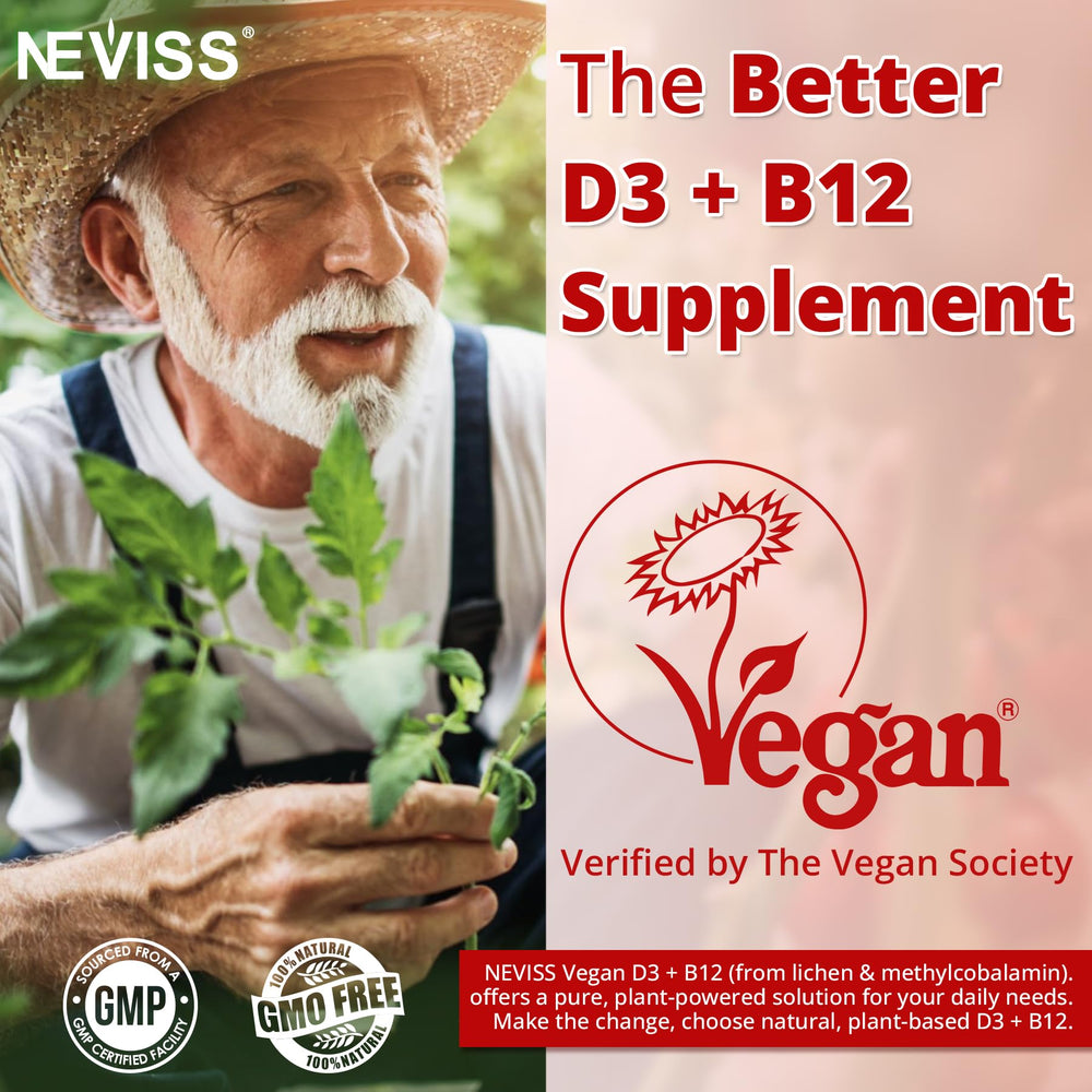 NEVISS D3 B12 gummies ingredients-plant-based highlights vegan D3 from lichen.