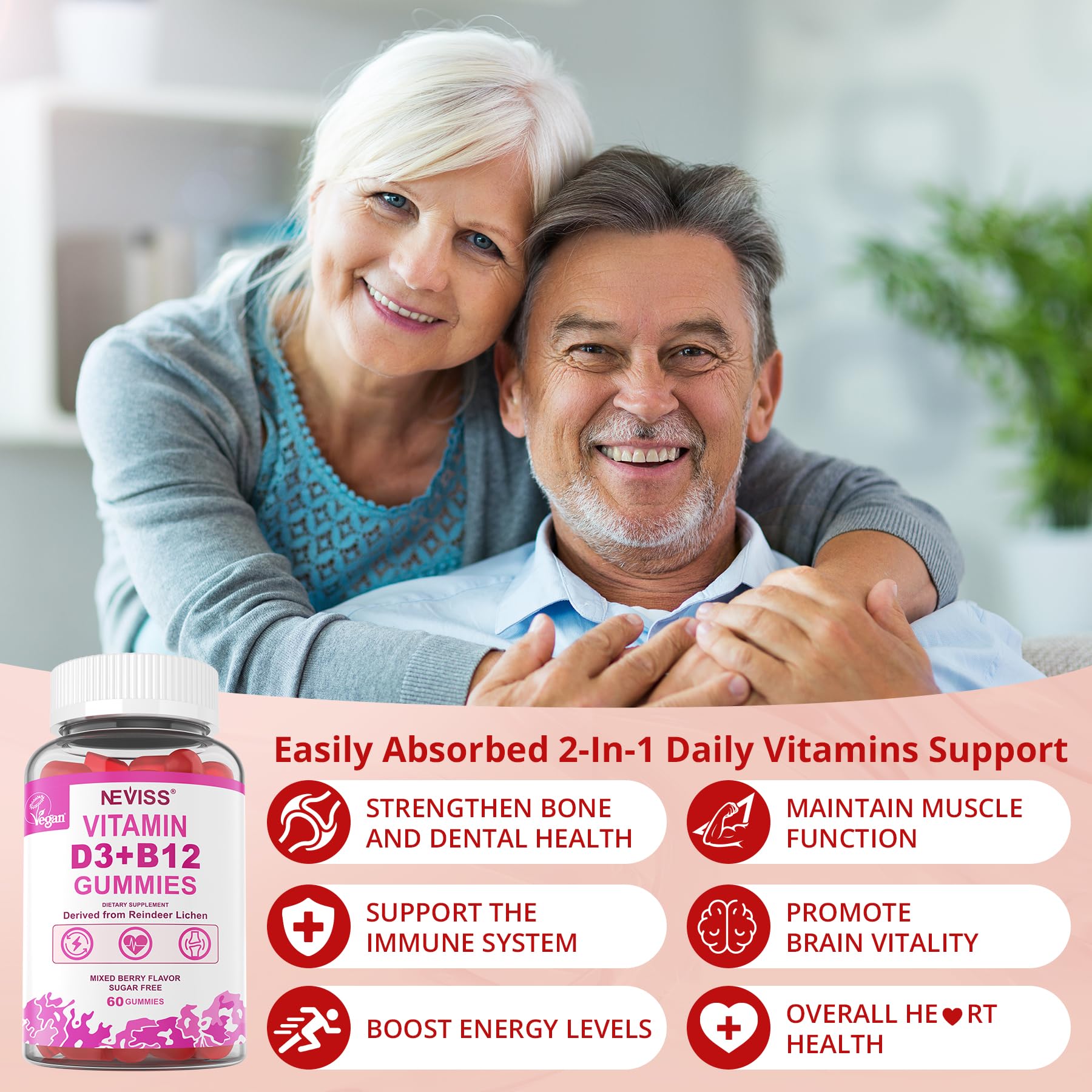 NEVISS D3 B12 gummies texture-closeup reveals chewy, gelatin-free treats for daily use.