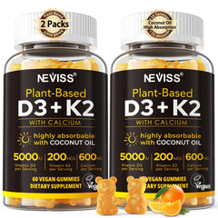 NEVISS D3K2 calcium gummies bottle promoting bone and immune support.