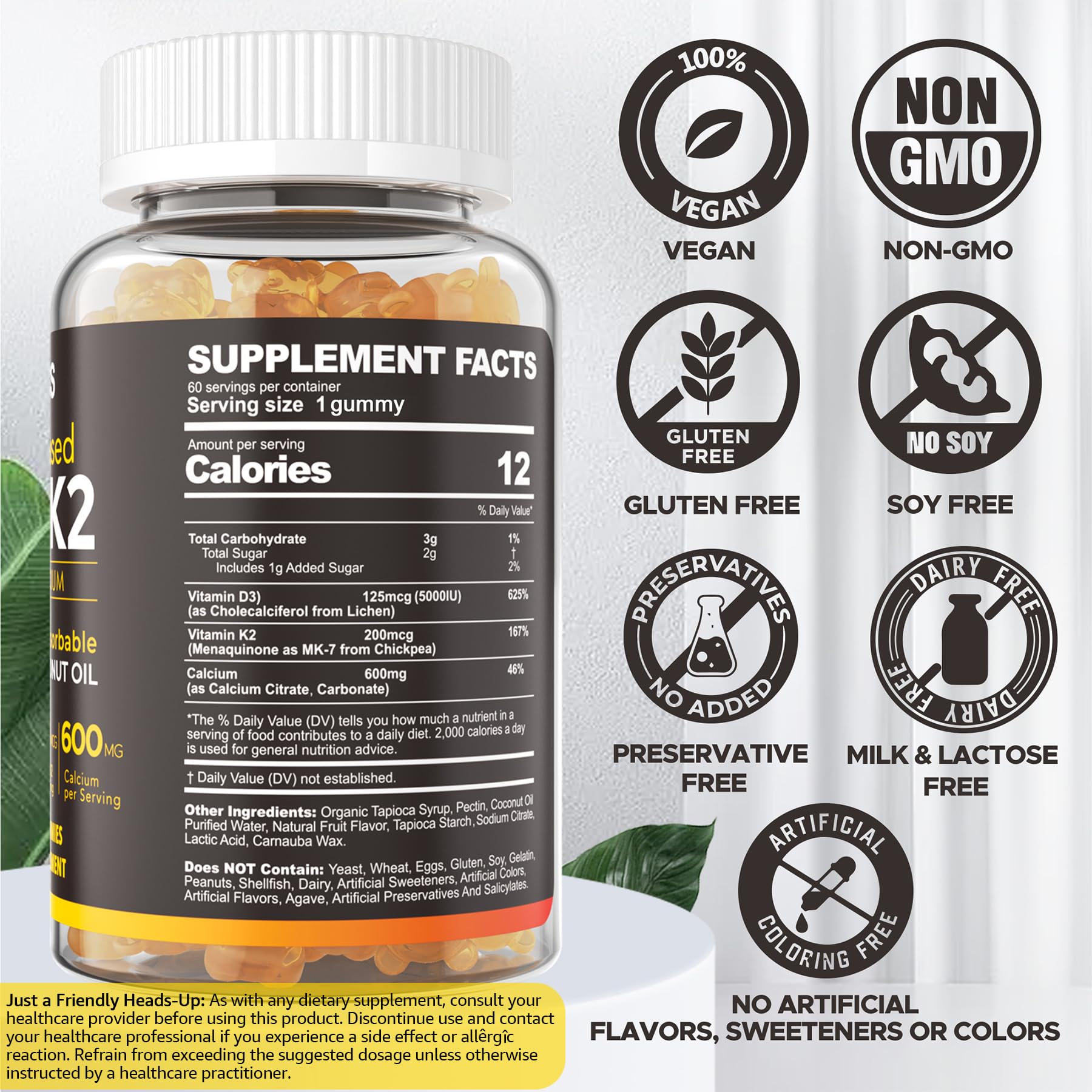 NEVISS D3K2 calcium gummies serving close-up showing orange flavor.