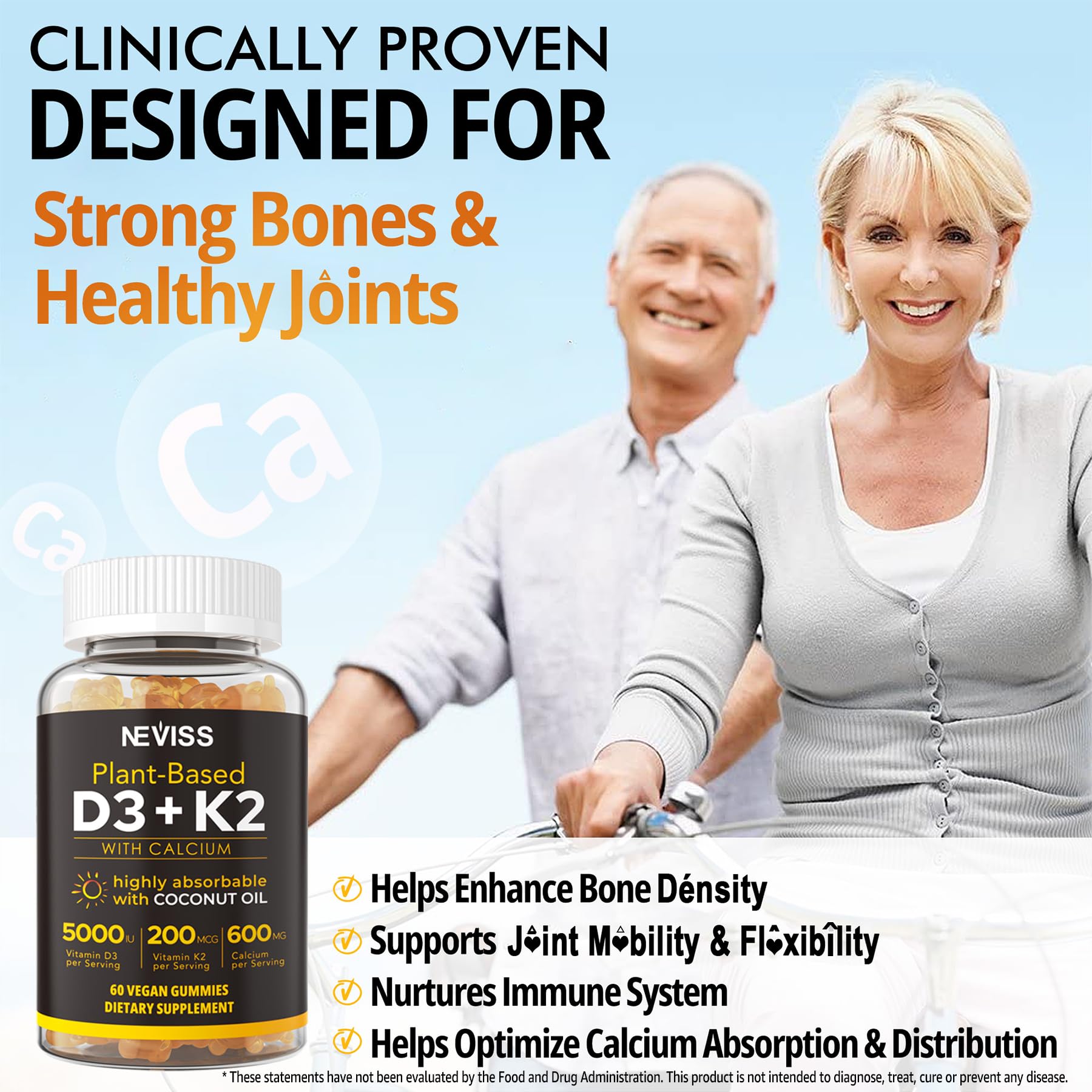 NEVISS D3K2 calcium ingredients label highlighting citrate and carbonate blends.