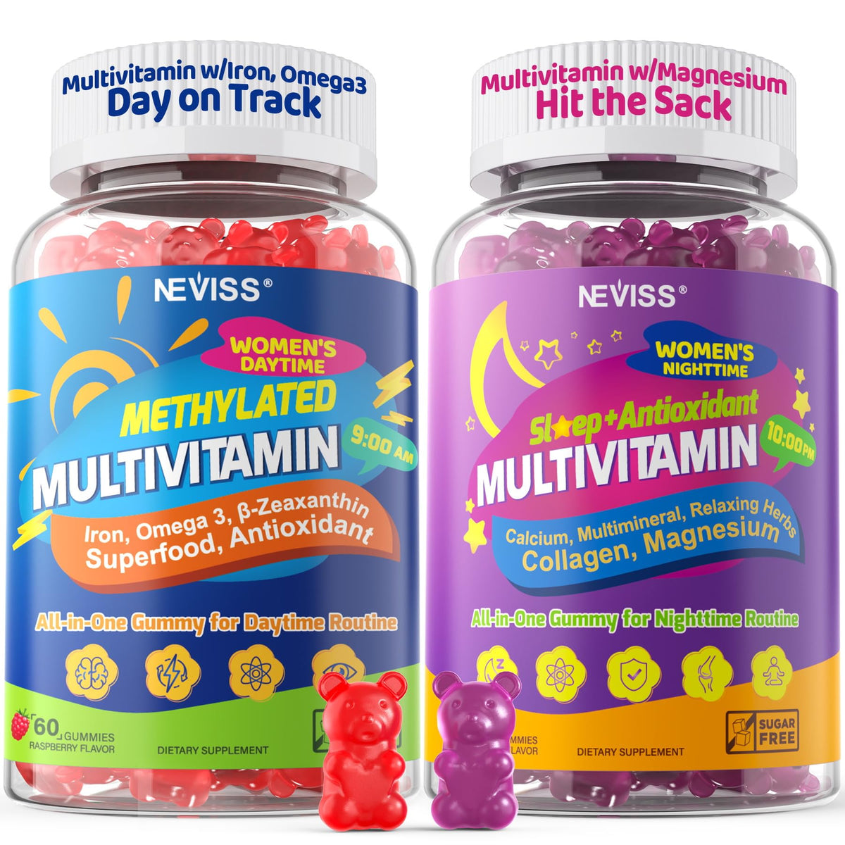 NEVISS daytime gummies bottle on desk for energized daily routines