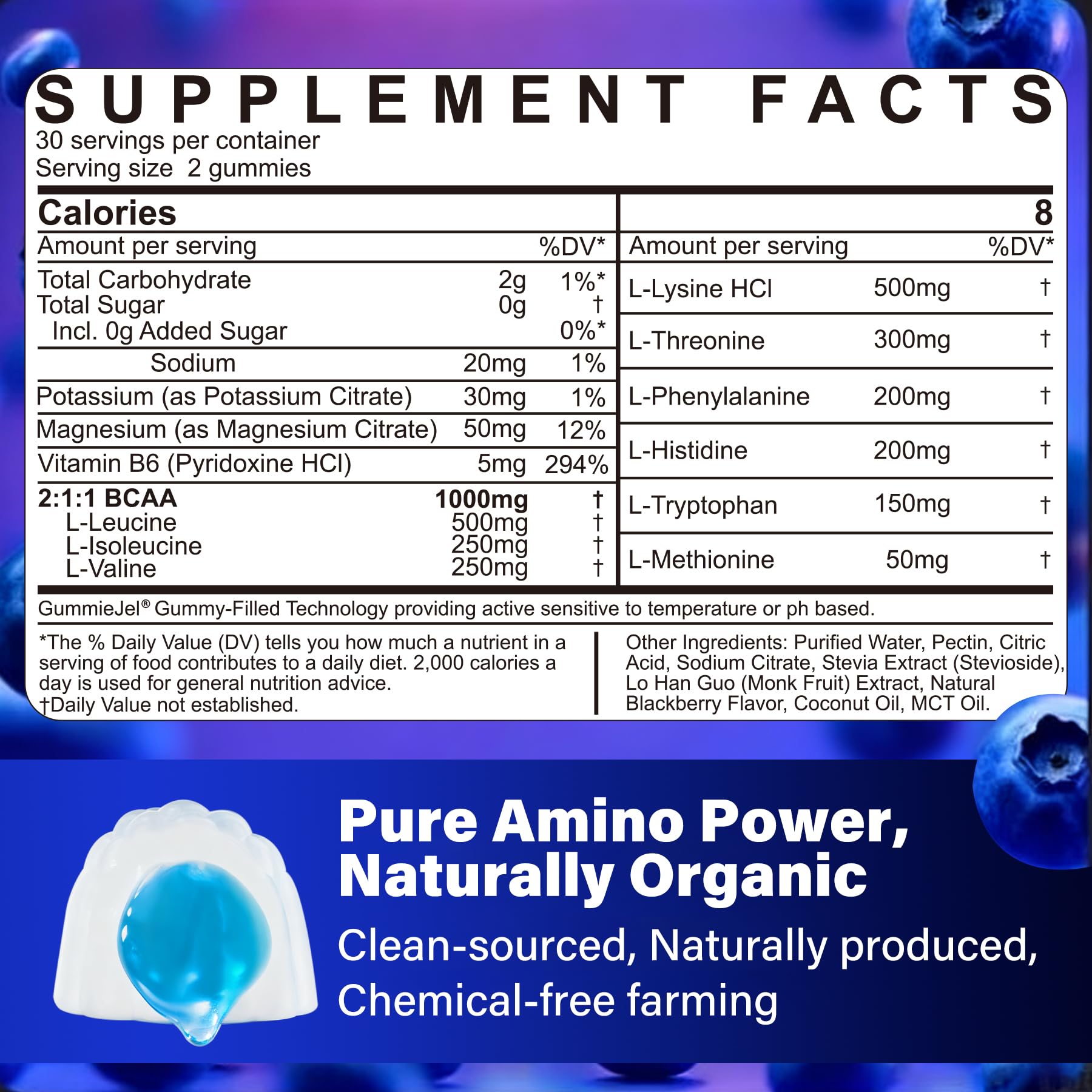 NEVISS EAA Gummies bottle back with nutrition facts for informed daily use
