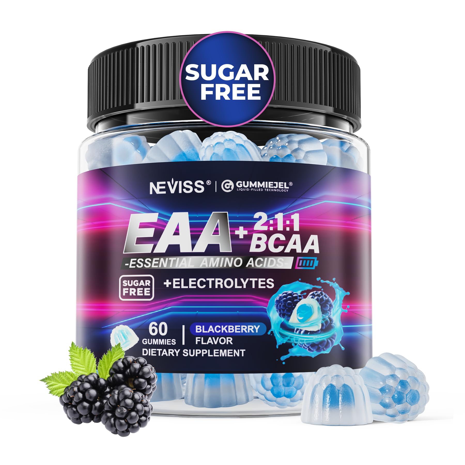 NEVISS EAA Gummies bottle front showing complete amino acids for daily energy