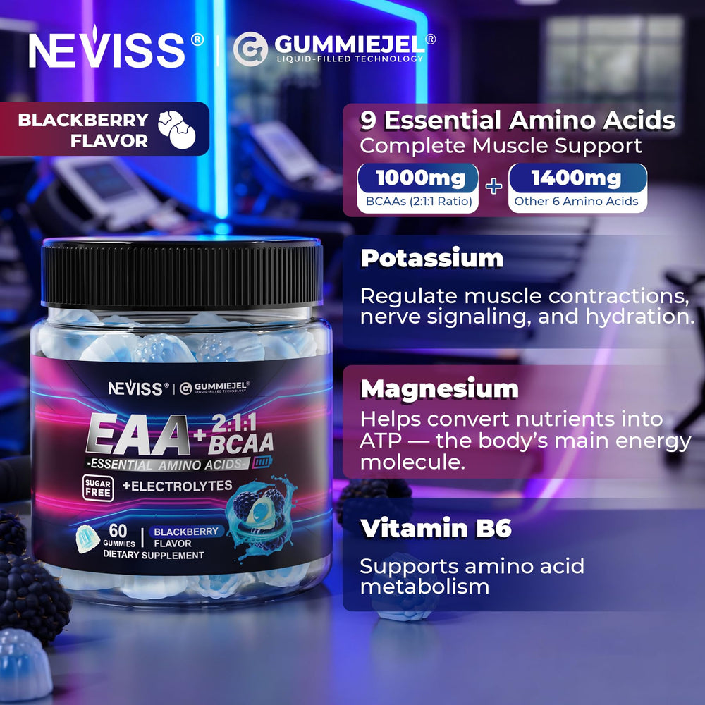 NEVISS EAA Gummies pouring into hand for on the go supplementation