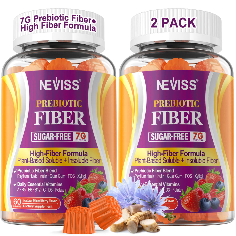 NEVISS Fiber Gummies bottle showing 7g fiber per serving for daily gut support.