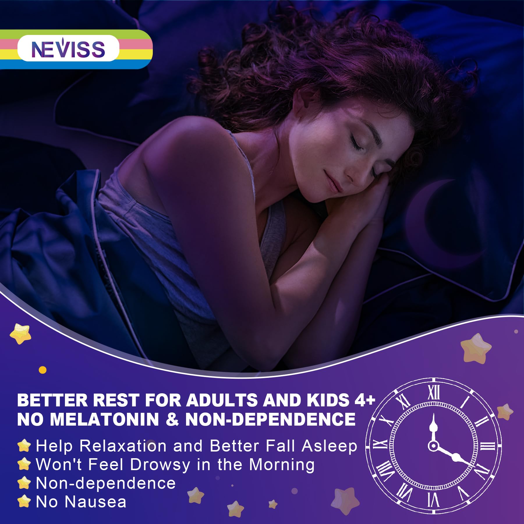 Neviss gummies on hand illustrate adult and kid dosage for nightly routine