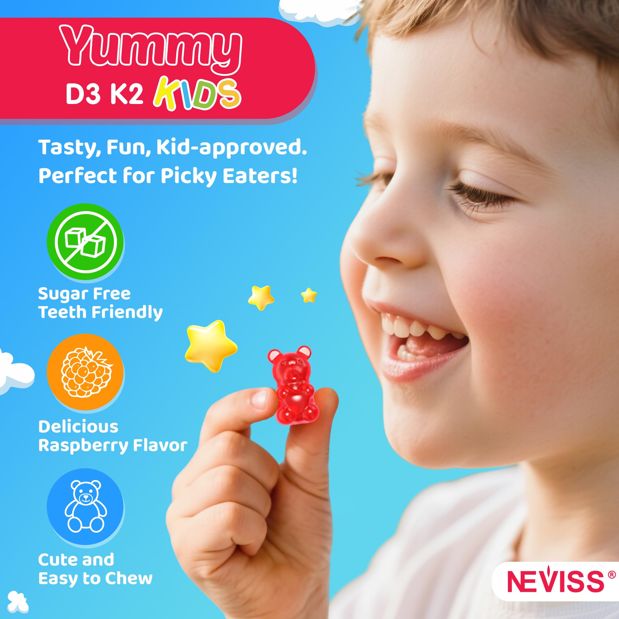 NEVISS D3 K2 gummies 2-pack display convenient family nutrition.