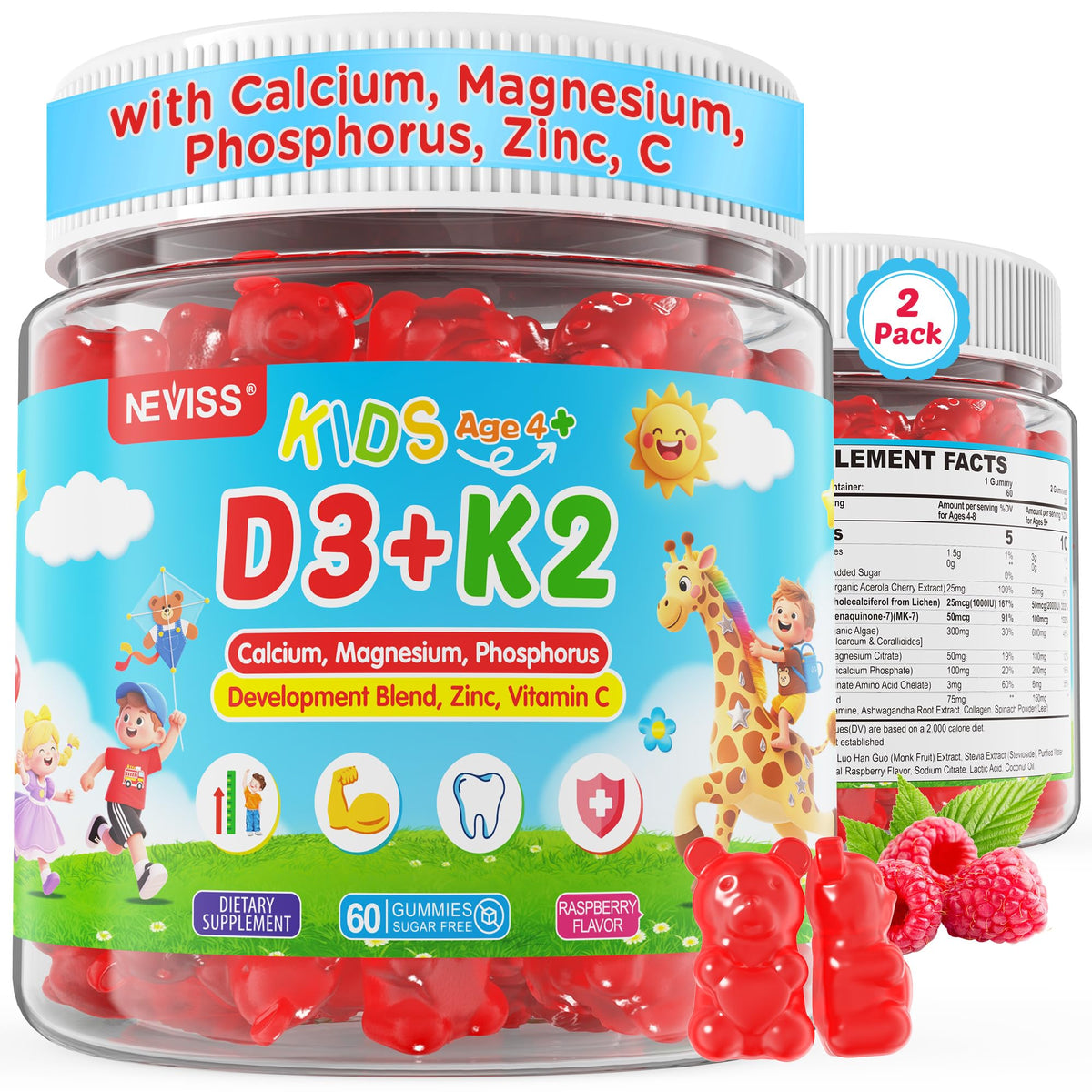 NEVISS D3 K2 gummies bottle promotes daily bone support and immune vitality.