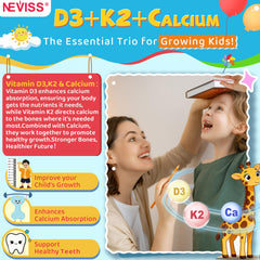 NEVISS D3 K2 gummies ingredient label shows non-GMO and sugar-free formula.