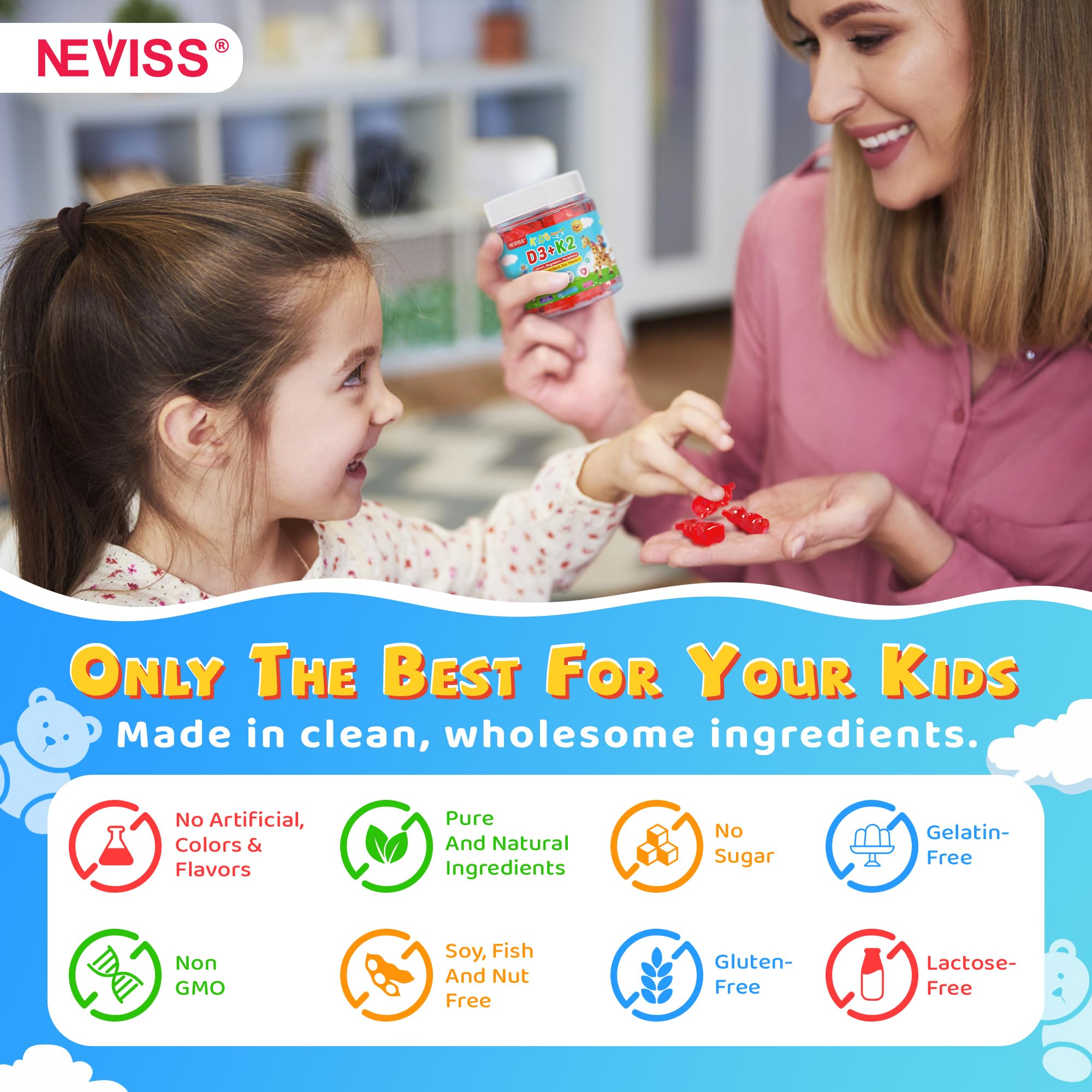 NEVISS D3 K2 gummies on shelf with label and berry flavor.