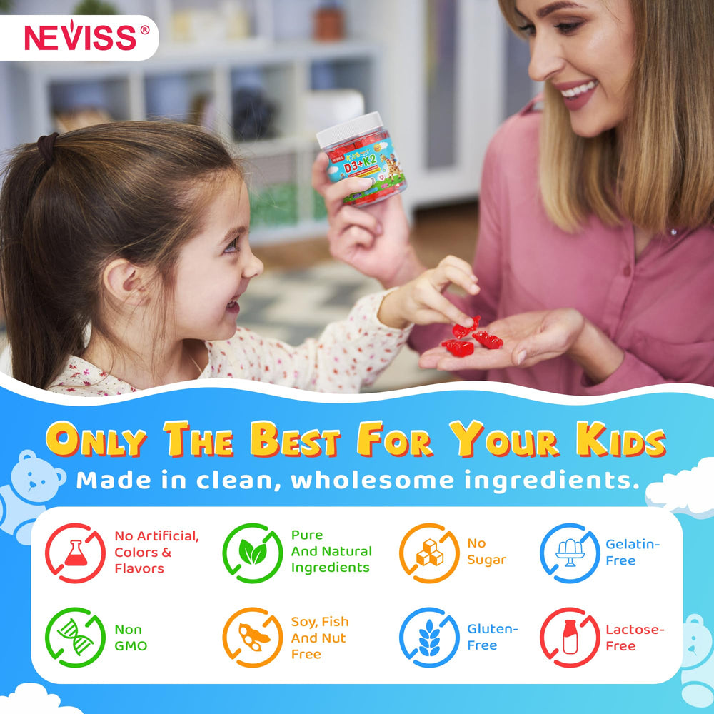 NEVISS D3 K2 gummies on shelf with label and berry flavor.