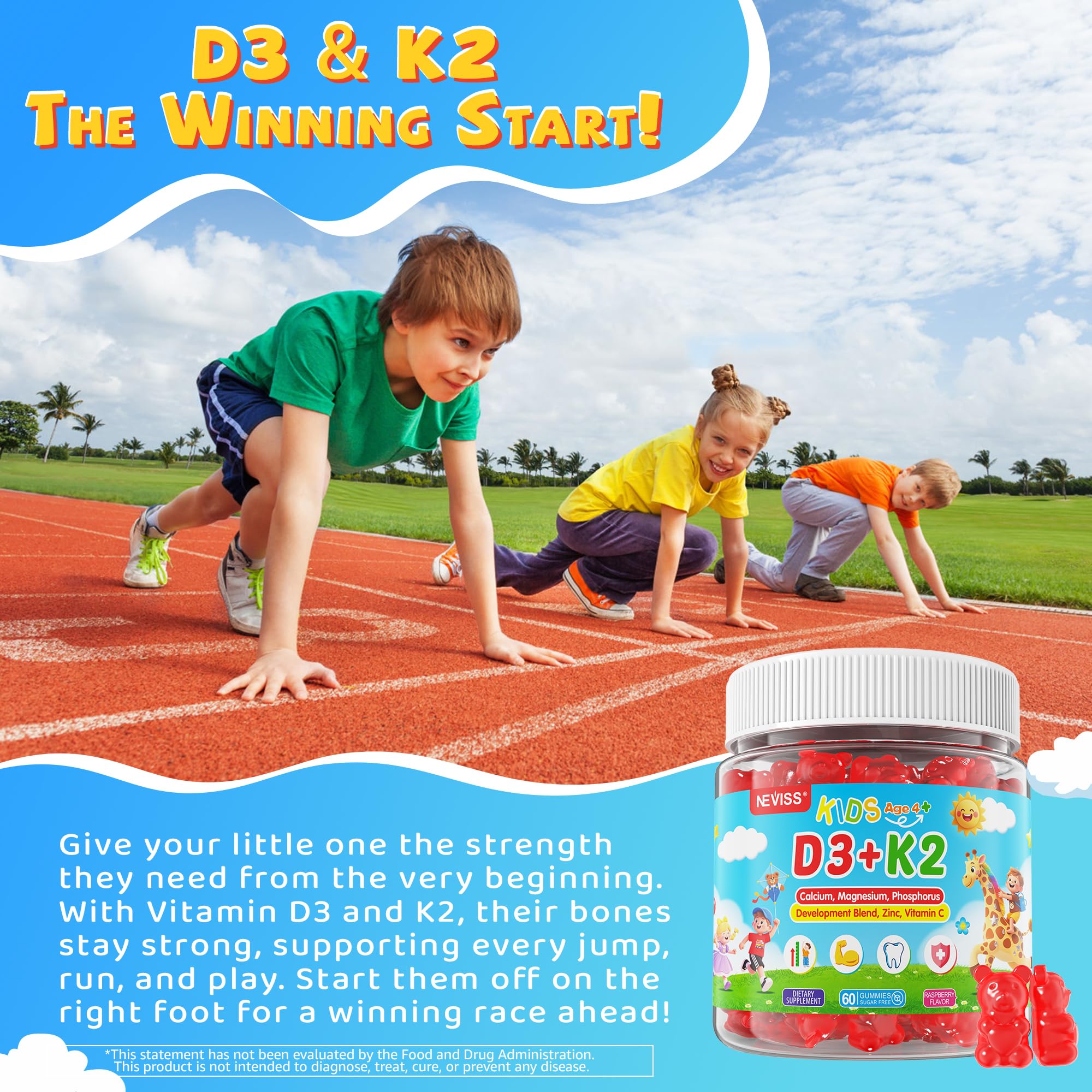 NEVISS D3 K2 gummies packaging highlights essential minerals.