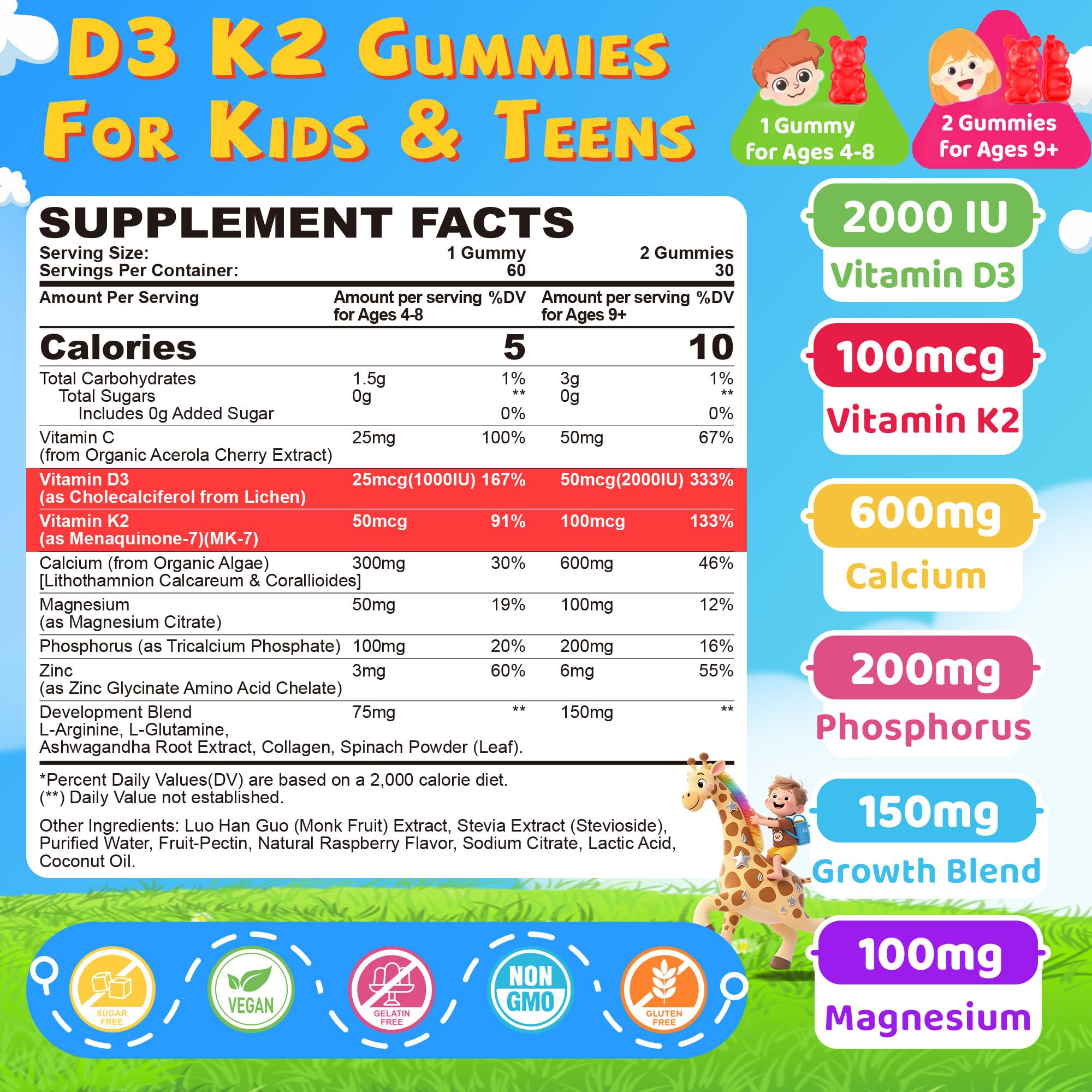 NEVISS D3 K2 gummies raspberry close-up emphasizing kid-friendly flavor.