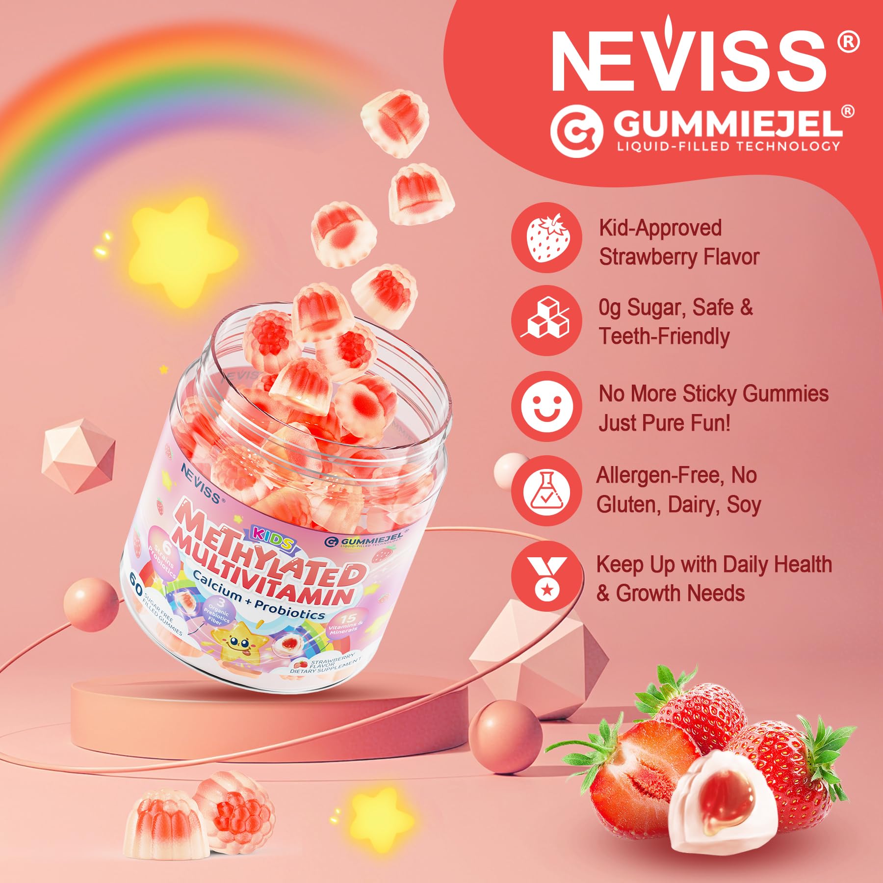 Packaging display for NEVISS Kids Multivitamin highlights a sugar-free promise