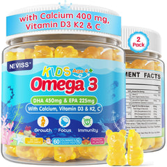 Neviss Kids Omega 3 gummies bottle highlighting algae-based DHA for growth support