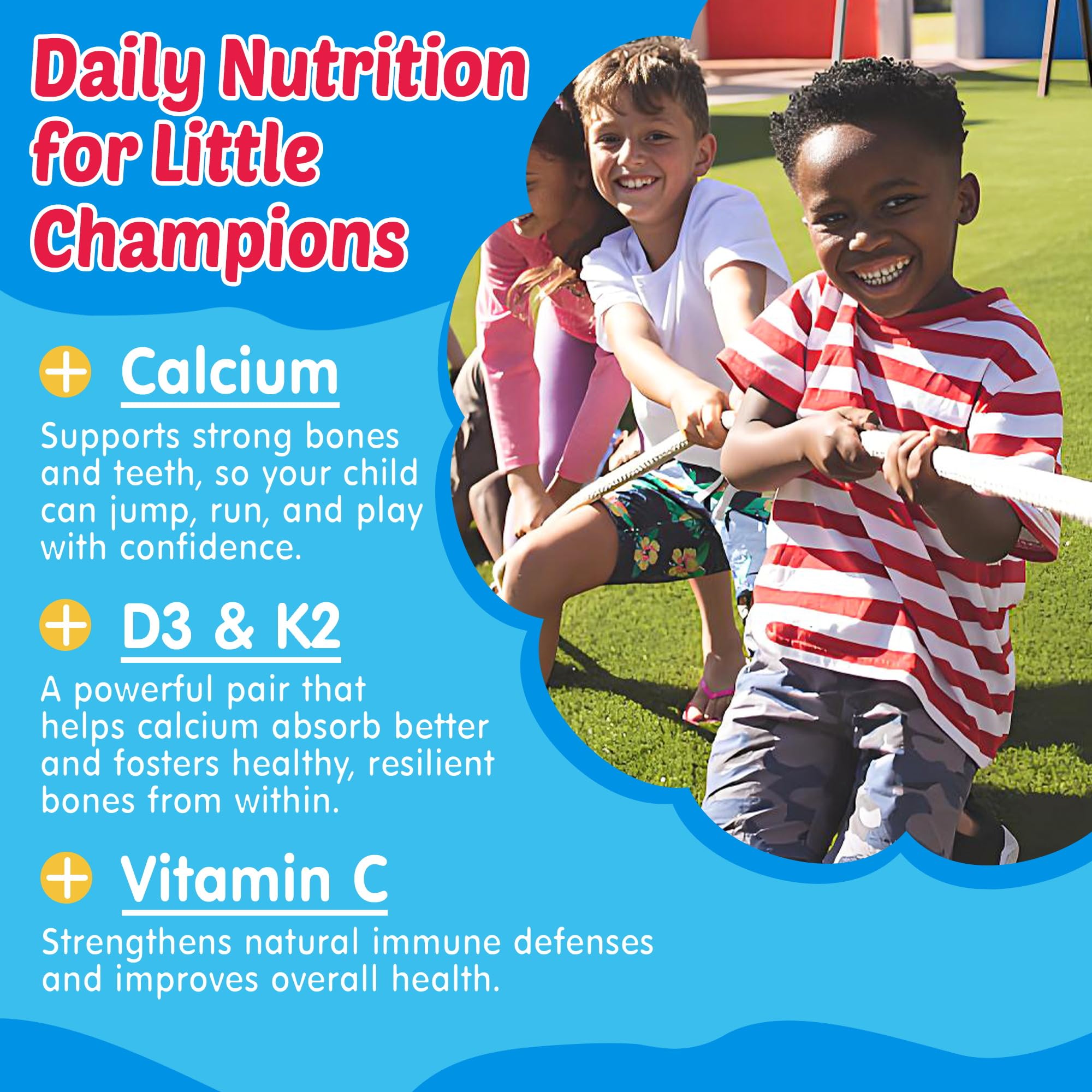 Neviss ingredients chart showing calcium, D3, K2 and vitamin C for daily balance