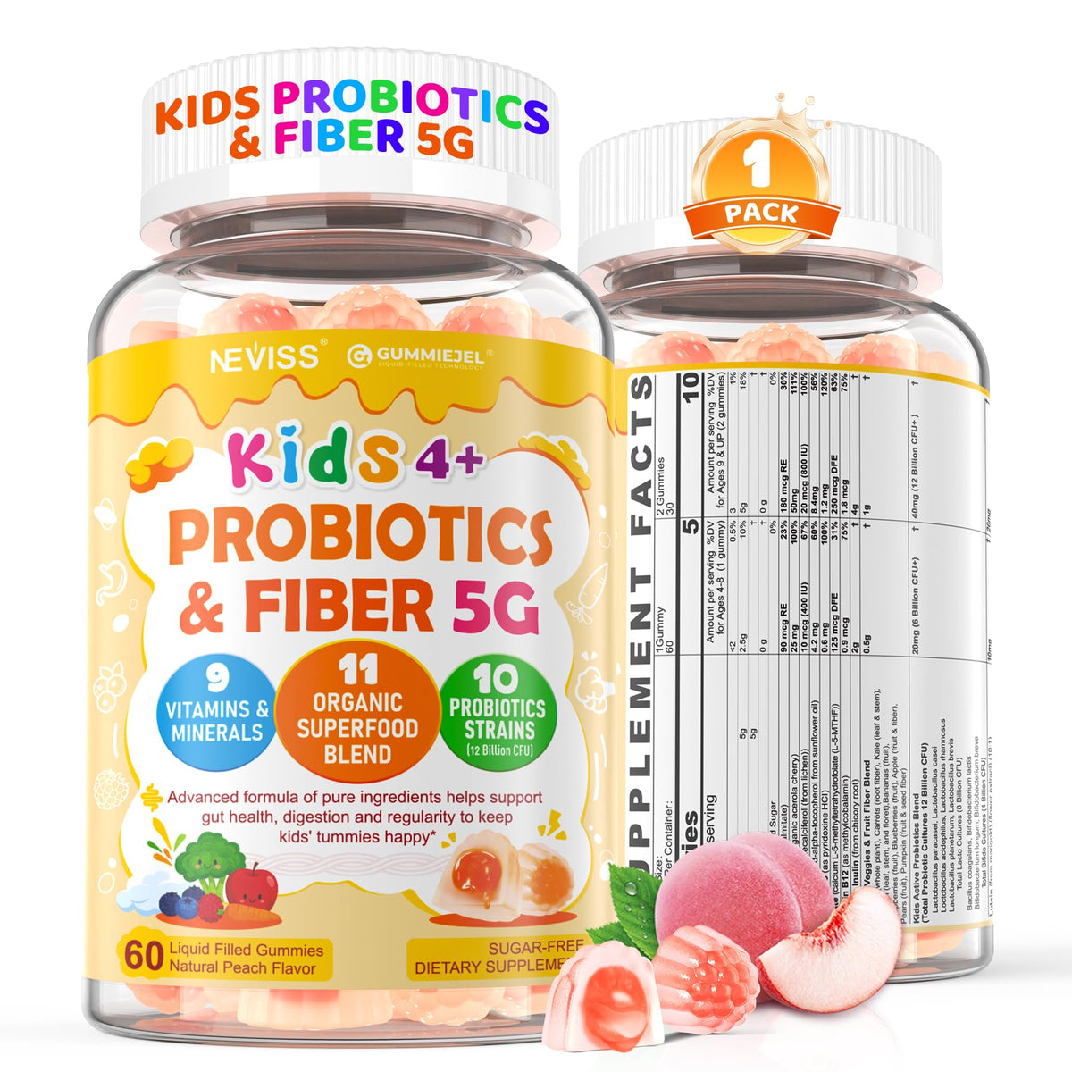 NEVISS Kids Probiotic Gummies front view showing digestive support for kids