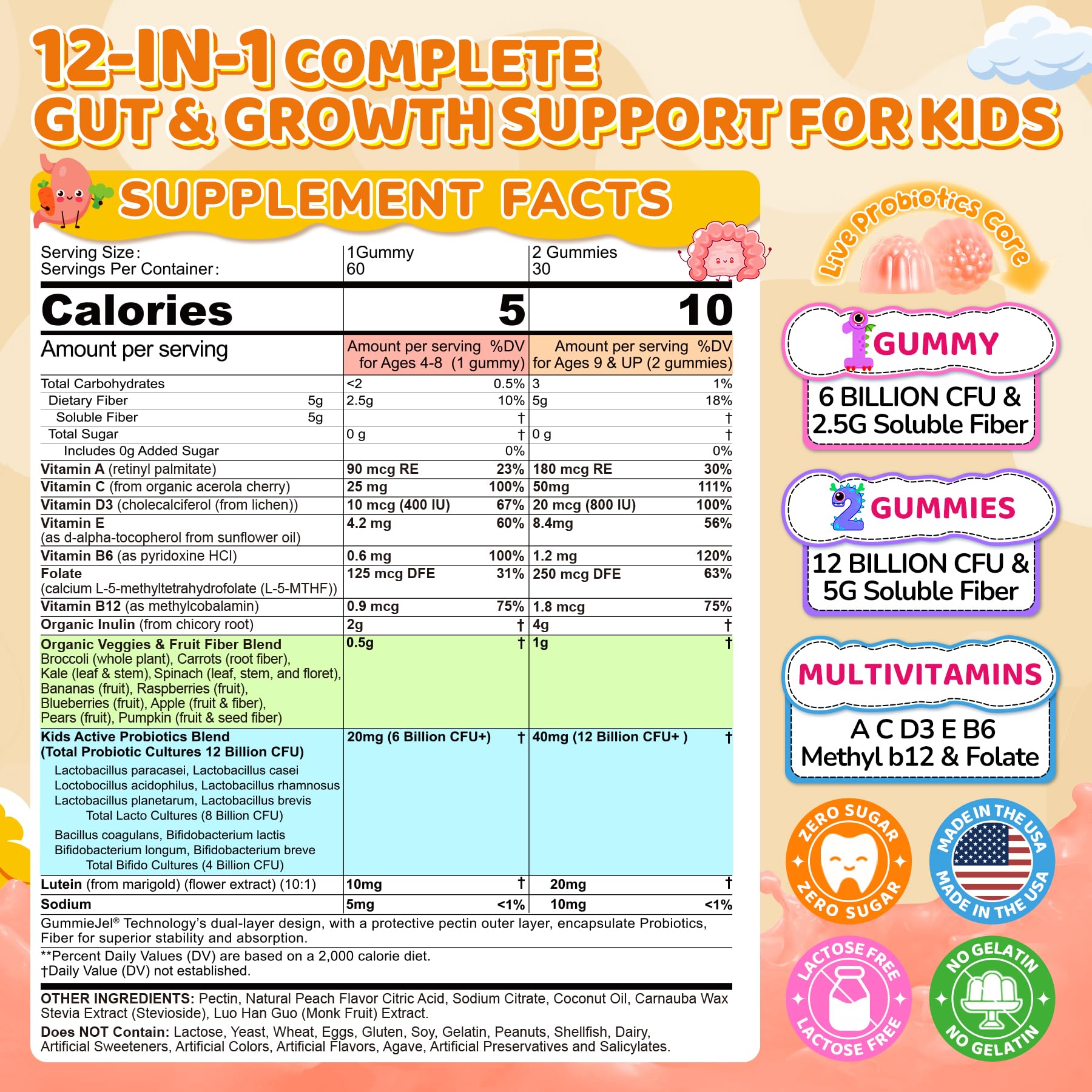 NEVISS Kids Probiotic Gummies label close-up with vitamins and clean ingredients