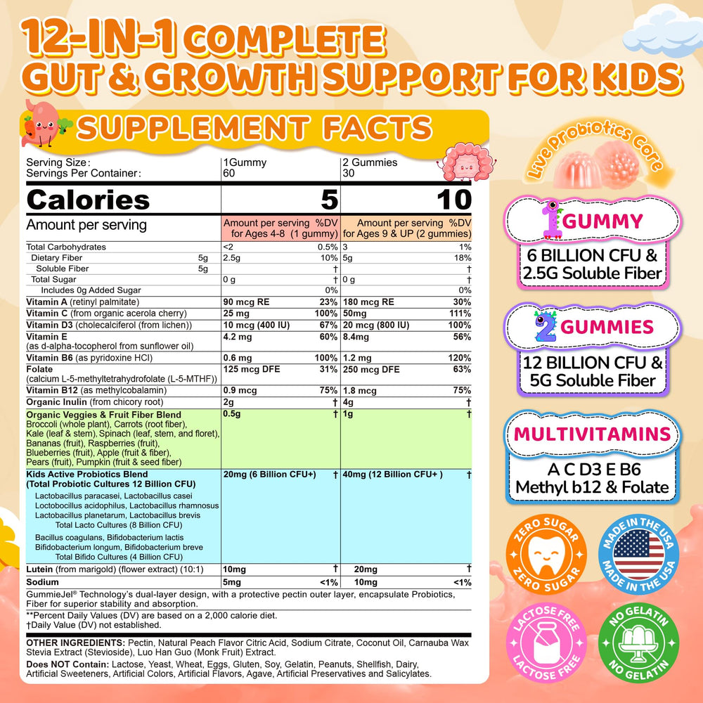 NEVISS Kids Probiotic Gummies label close-up with vitamins and clean ingredients