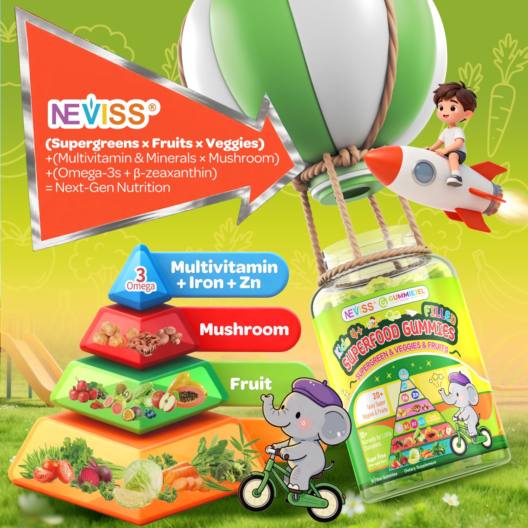NEVISS 40-in-1 greens box and packaging for kids.