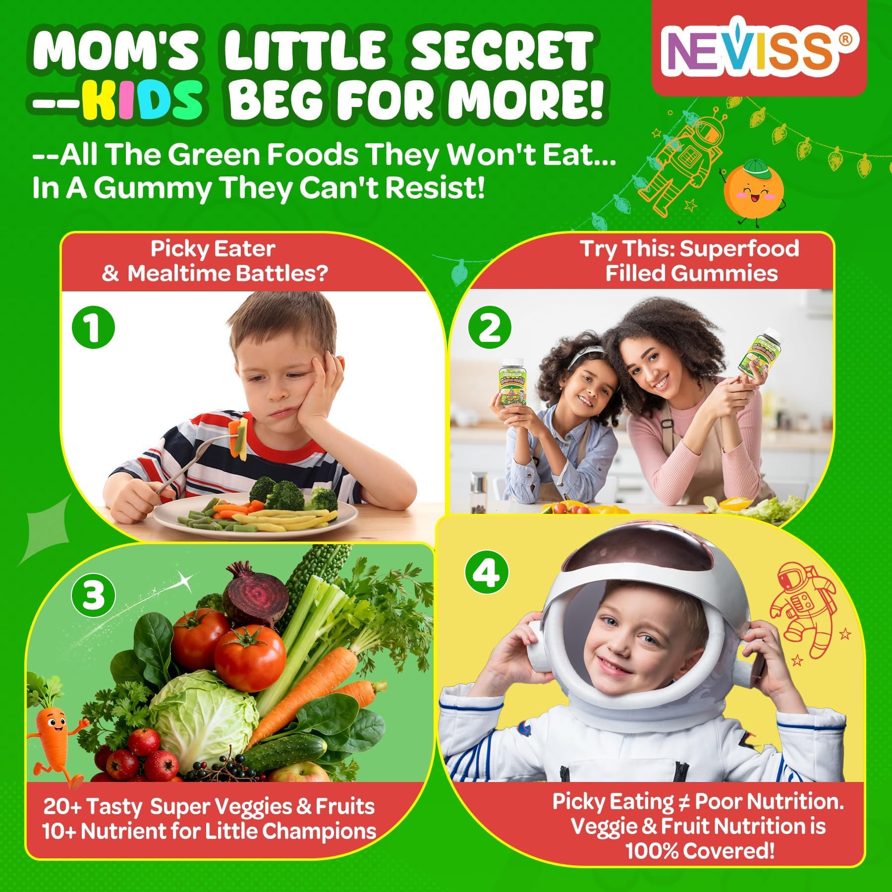 A child enjoying NEVISS gummies as a tasty nutrient boost.