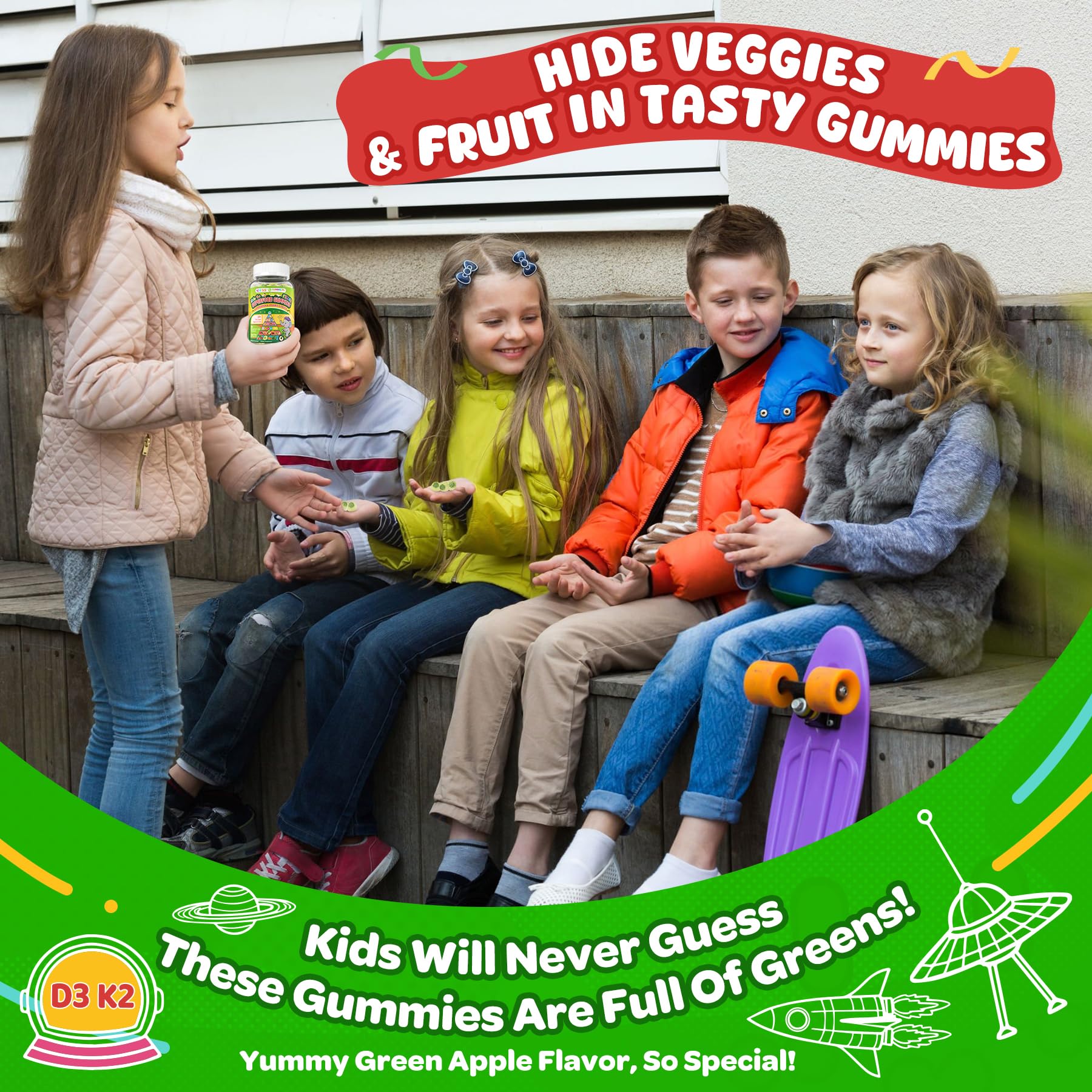 Ingredients chart highlighting fruits and greens in NEVISS gummies.