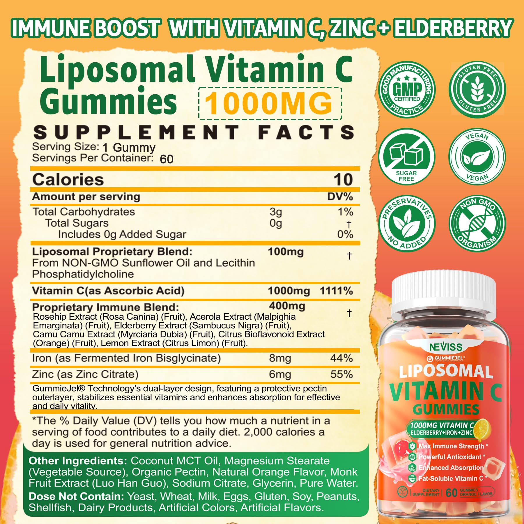 Close-up of NEVISS gummies texture with bright orange flavor for a pleasant chew.
