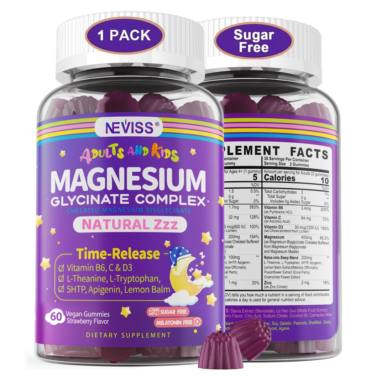 NEVISS Magnesium Glycinate Gummies bottle promotes calm evenings and restful sleep