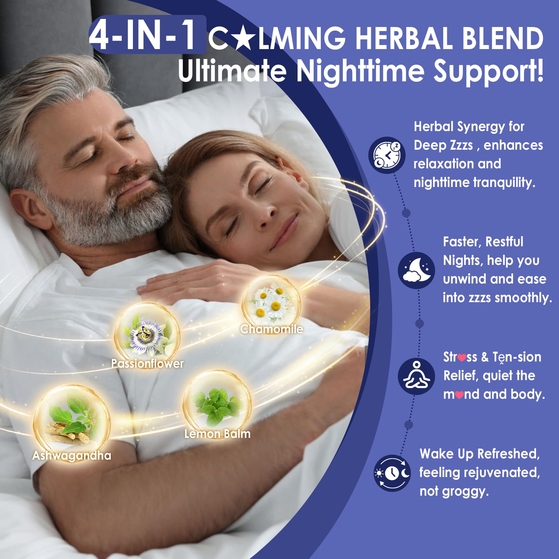 Graphic showing the 9-in-1 blend with Ashwagandha and Chamomile in NEVISS.