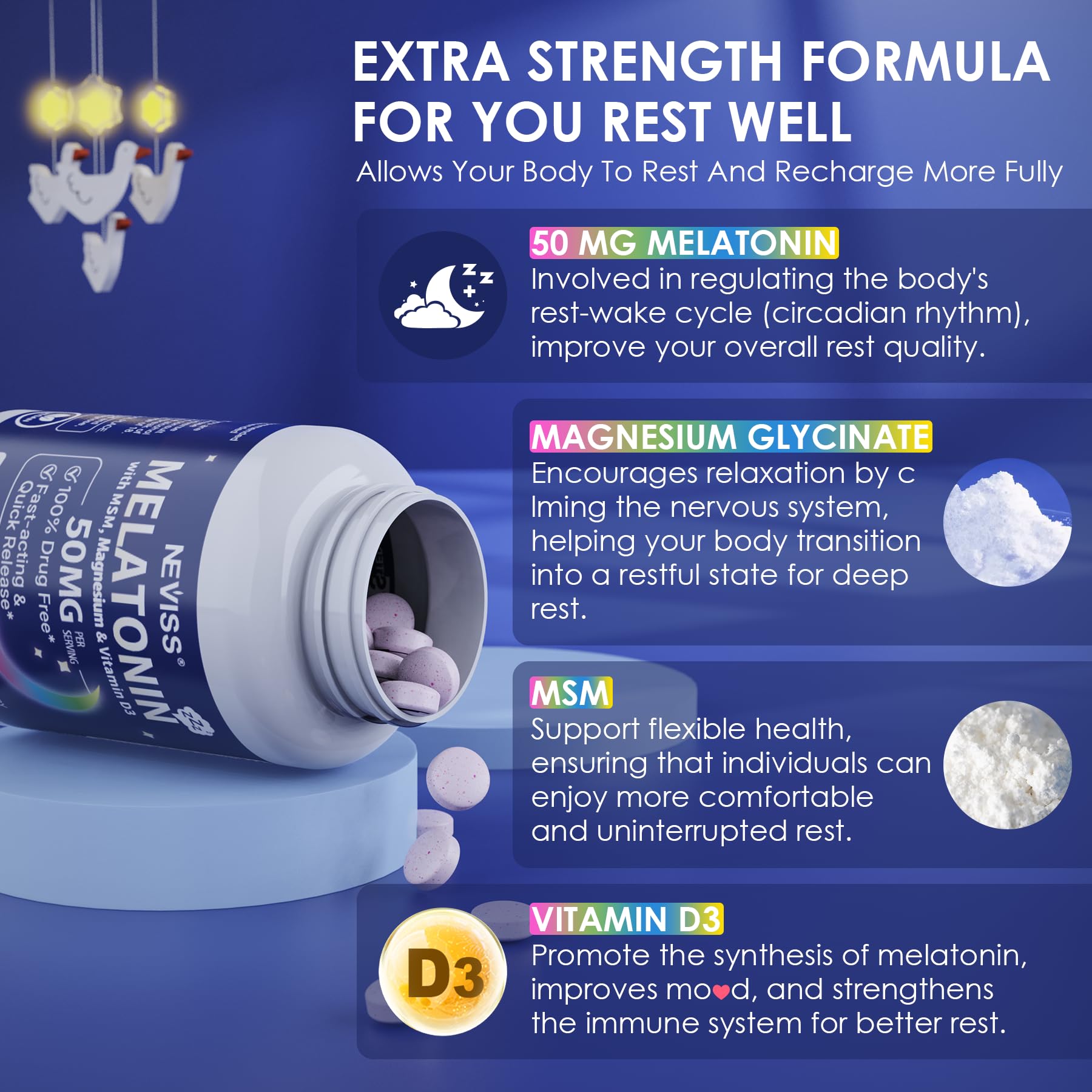 Flatlay of NEVISS Melatonin packaging emphasizing vegan, sugar-free formula.