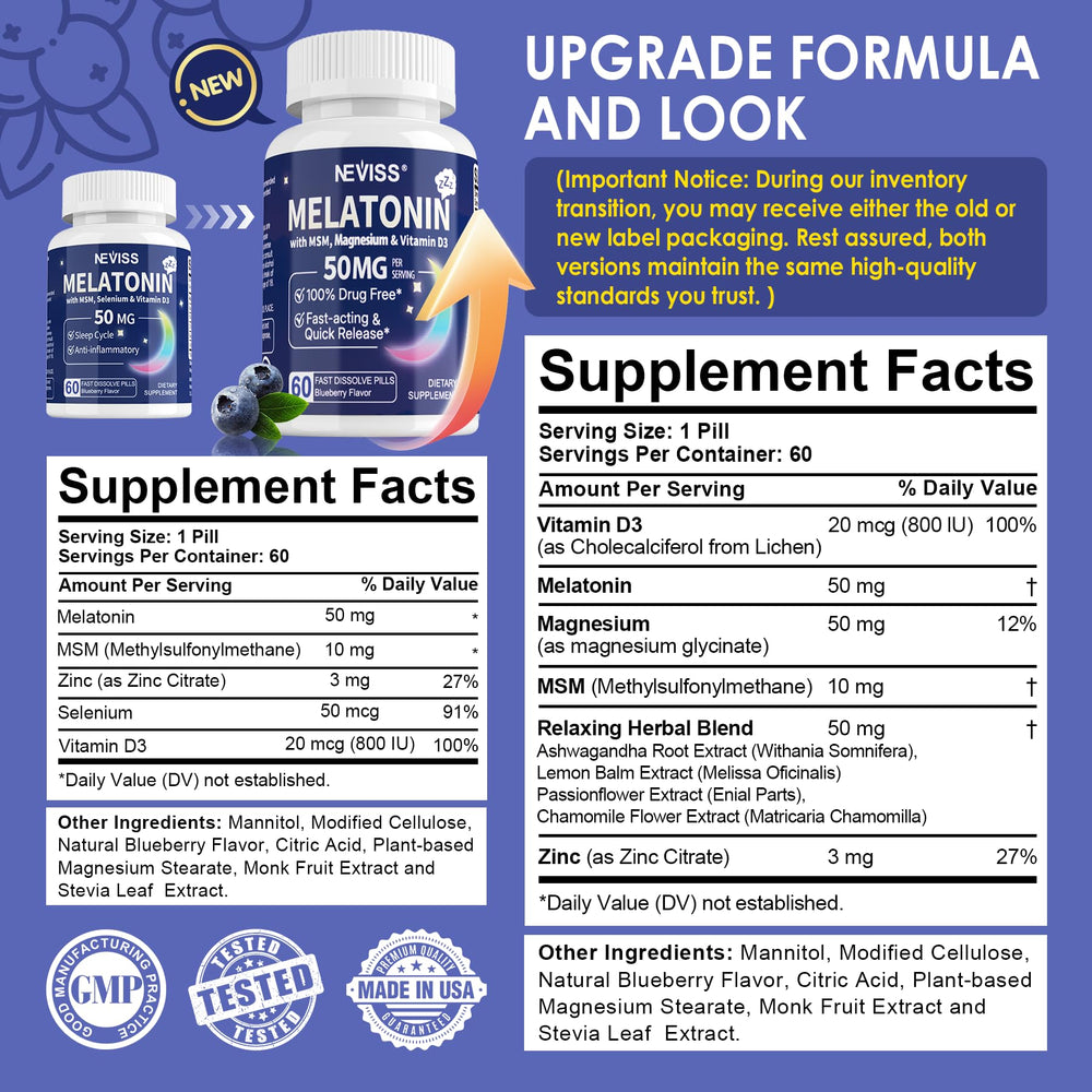 Close-up of NEVISS Melatonin 50 mg tablets highlighting fast-dissolve action.