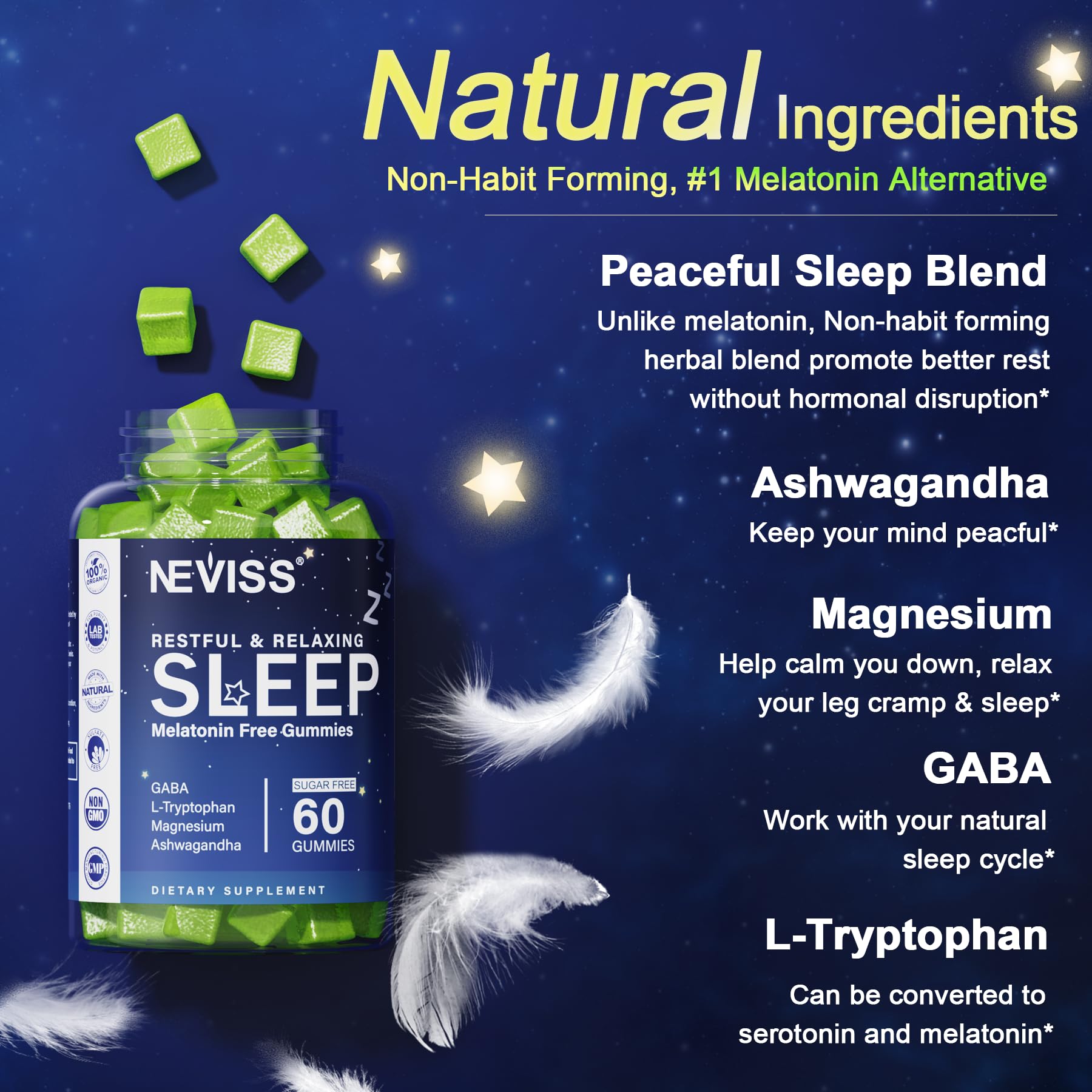 NEVISS melatonin-free gummies being poured from bottle for nightly routine.