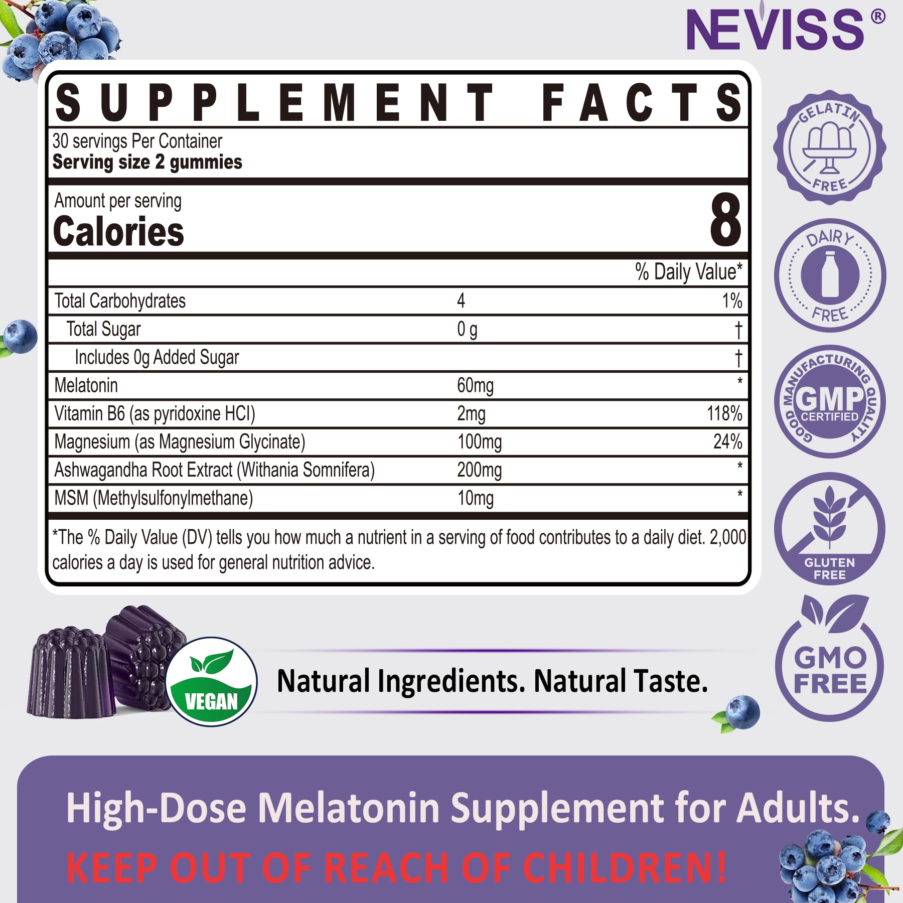 NEVISS Melatonin gummies 60mg closeup highlighting high-dose sleep support.
