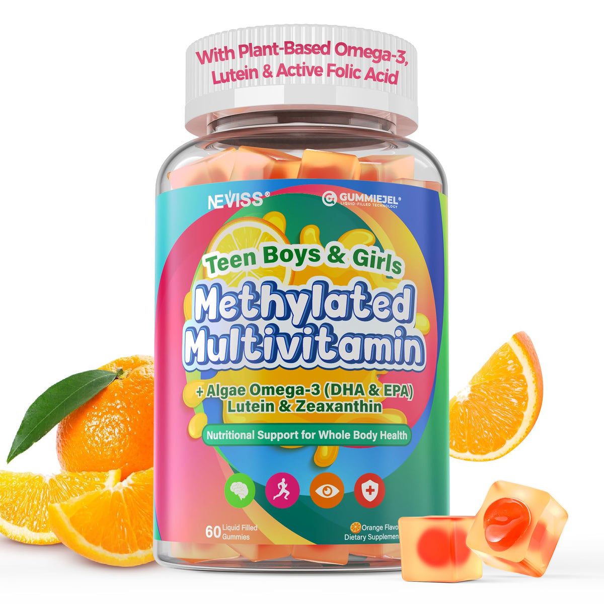 NEVISS methylated multivitamin gummies with liquid-core center for easier absorption.