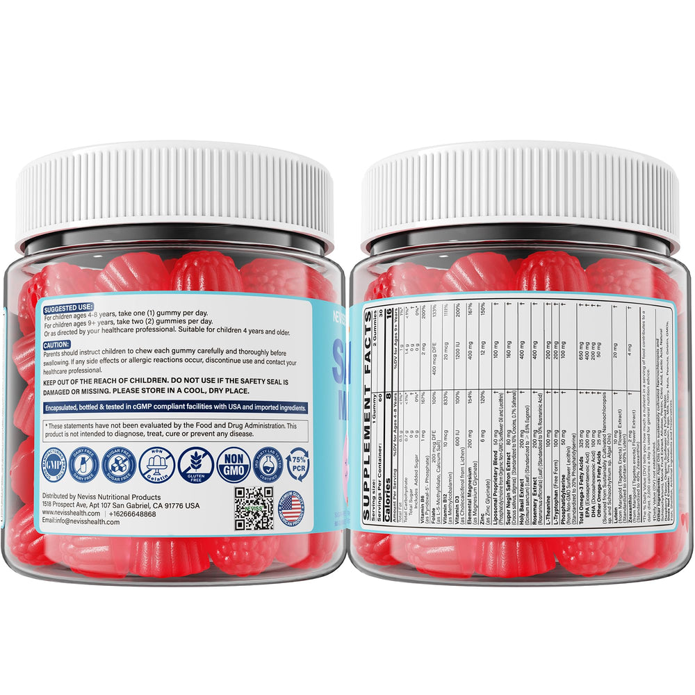 NEVISS gummies symbol for brain and eye health appealing to parents